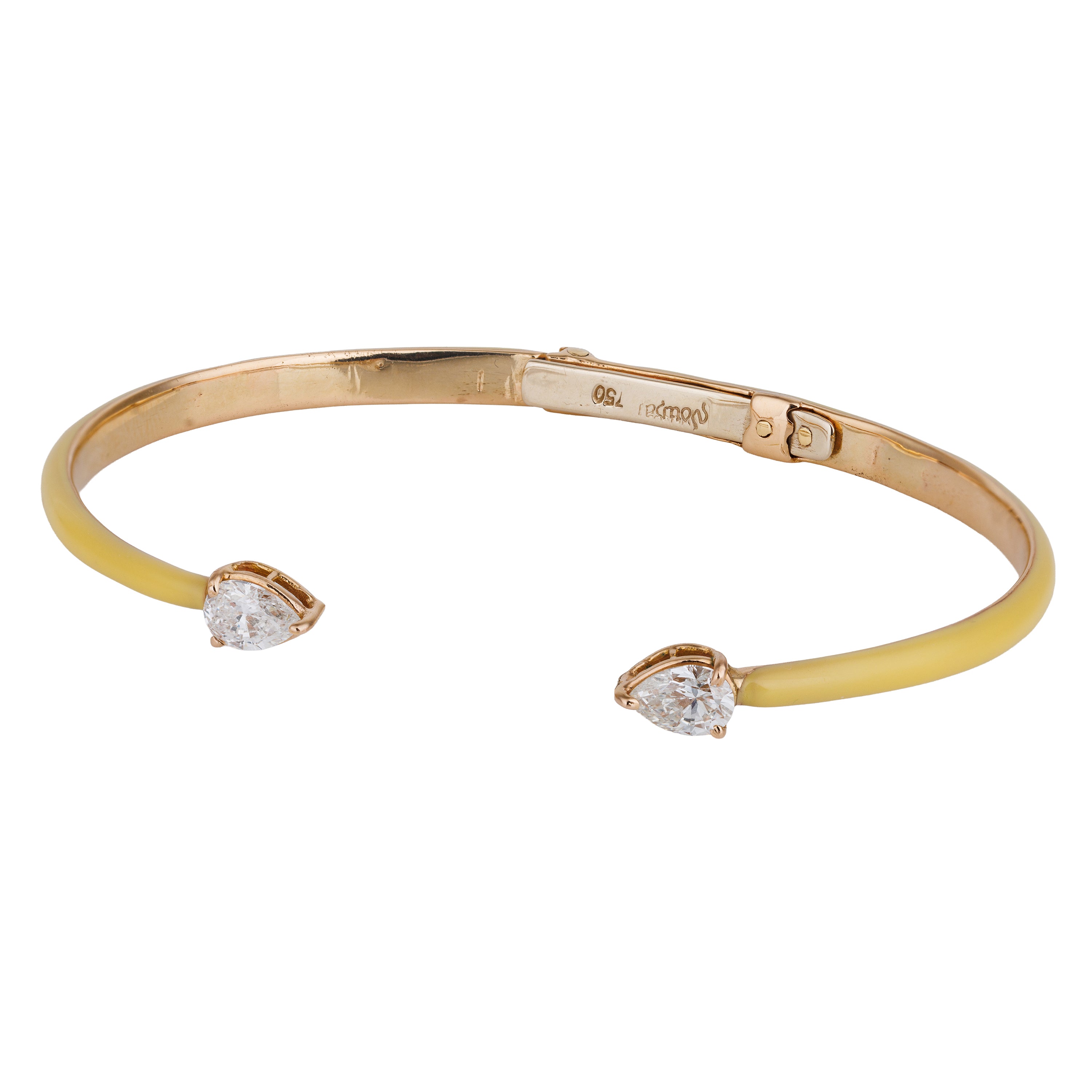 Yellow Enamel & 18k Rose Gold Open Bangle Bracelet | Pear-Shaped Diamonds