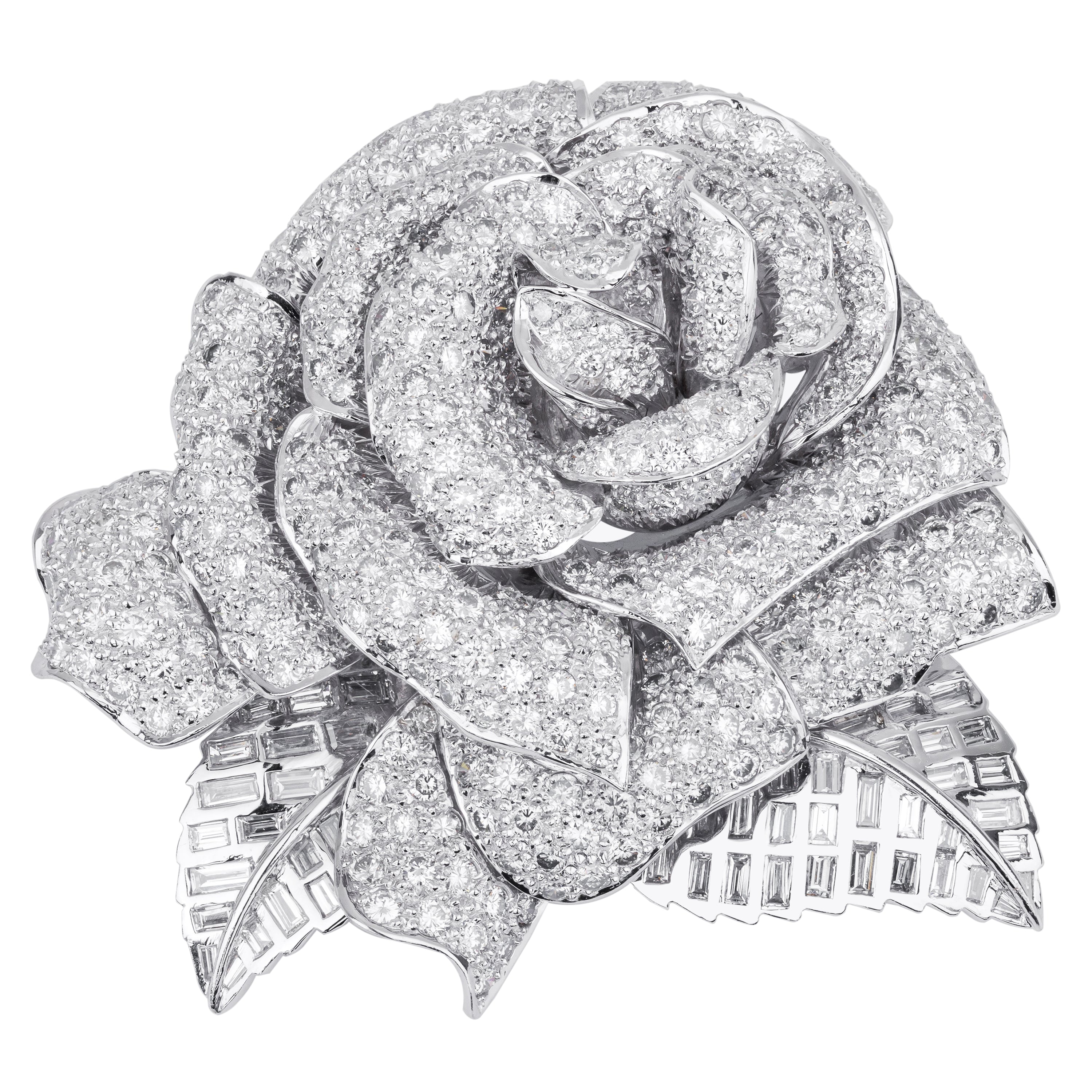 Pave and Baguette Diamond Rose Brooch | 18k White Gold