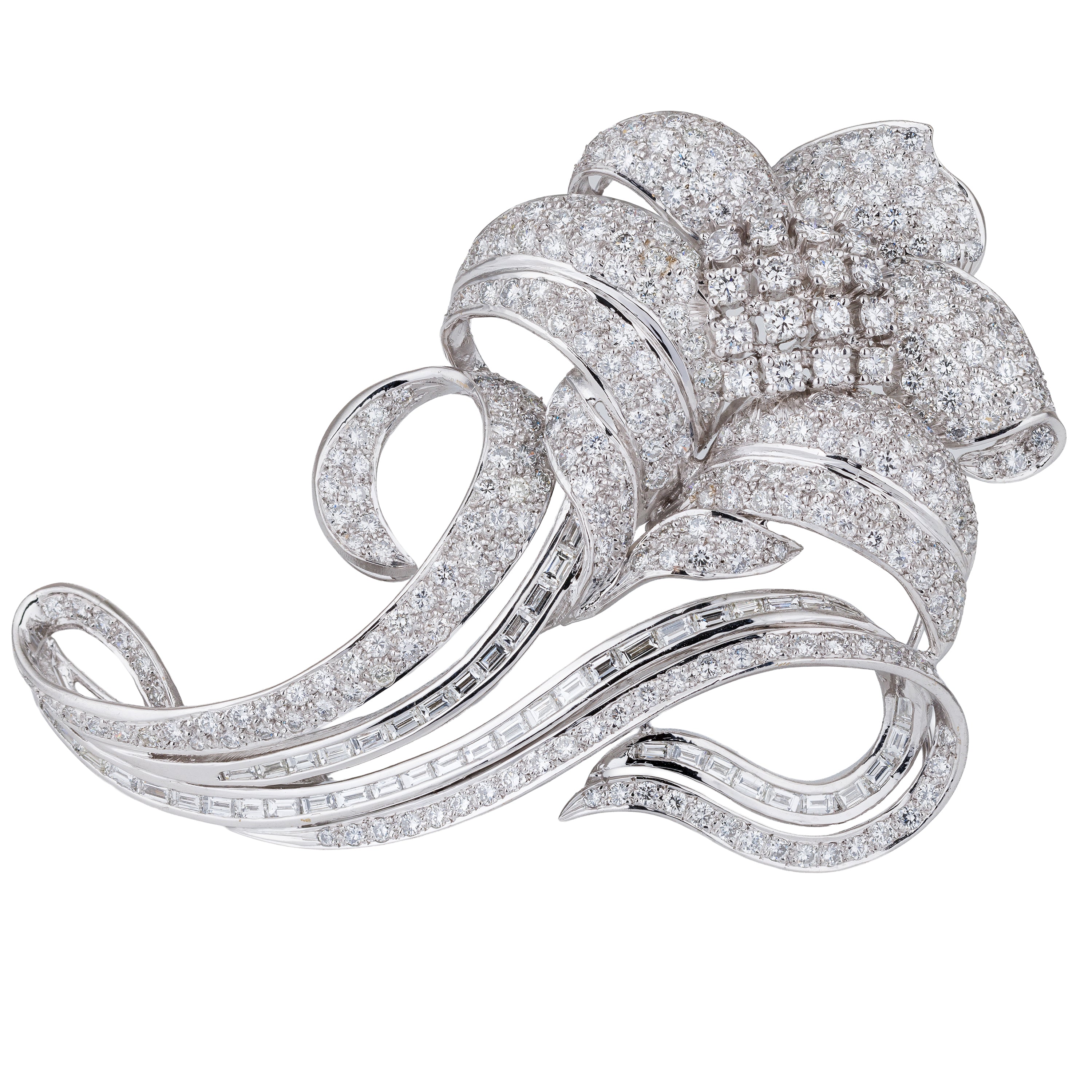 Pavé and Baguette Diamond Floral Brooch | 18k White Gold