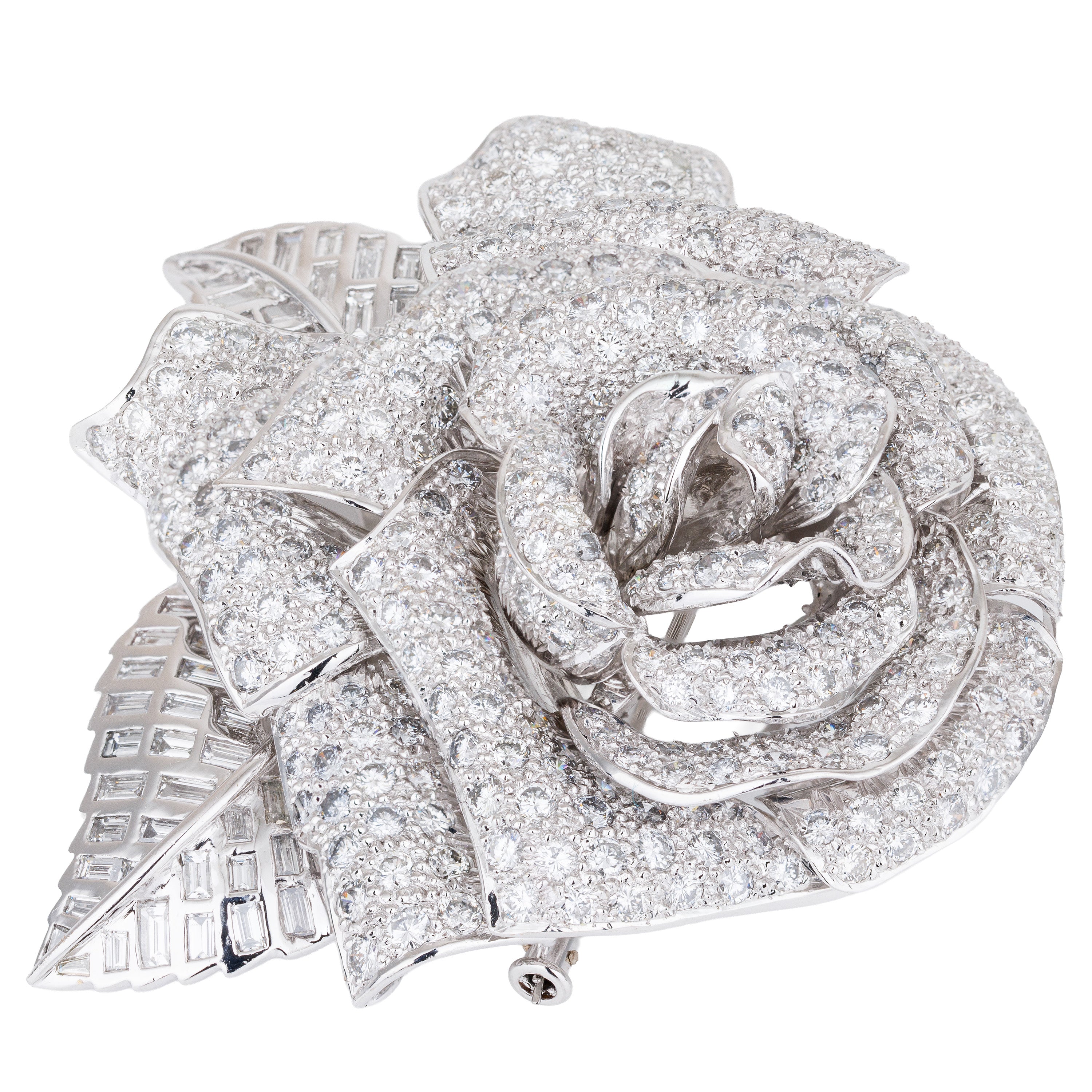 Pave and Baguette Diamond Rose Brooch | 18k White Gold