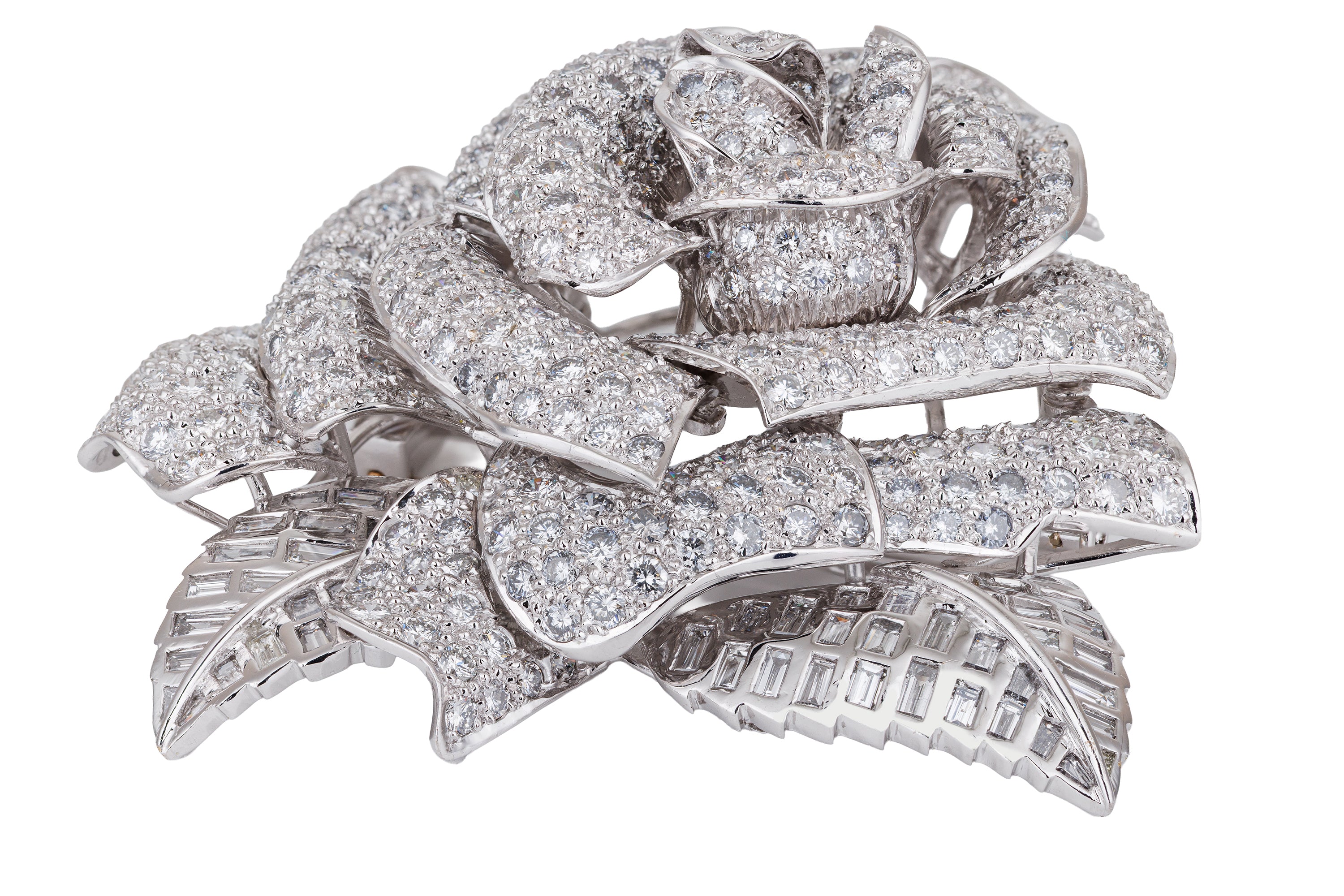 Pave and Baguette Diamond Rose Brooch | 18k White Gold