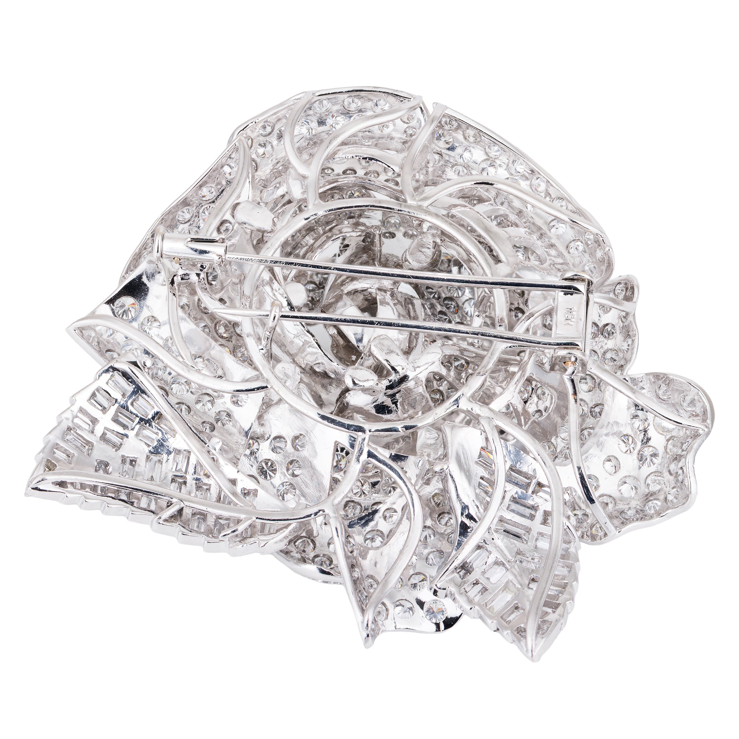 Pave and Baguette Diamond Rose Brooch | 18k White Gold
