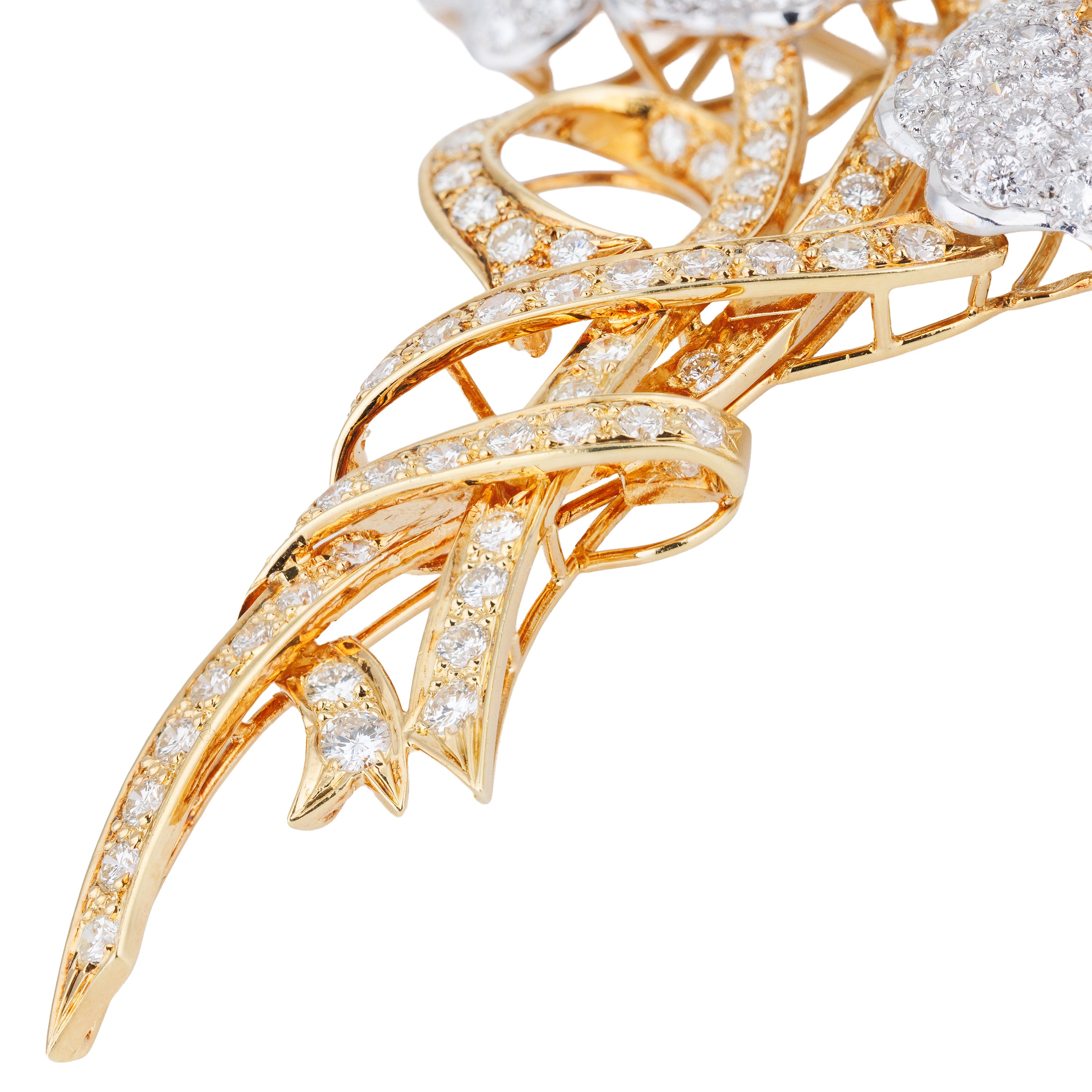 Two-Tone Daimond Floral Brooch | 18k Yellow & White Gold | Marquise & Round Diamonds