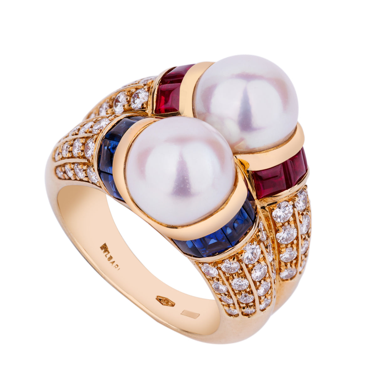 Bvlgari Doppio Cocktail Ring | Pearl, Ruby, Sapphire & Diamond | 18k Yellow Gold | 1980's