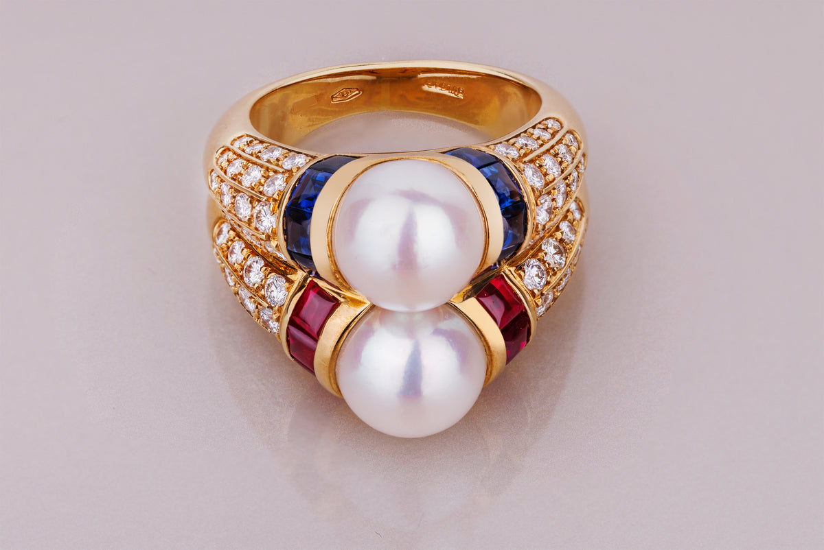 Bvlgari Doppio Cocktail Ring | Pearl, Ruby, Sapphire & Diamond | 18k Yellow Gold | 1980's