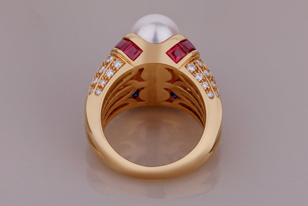 Bvlgari Doppio Cocktail Ring | Pearl, Ruby, Sapphire & Diamond | 18k Yellow Gold | 1980's
