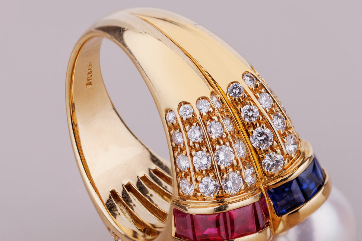 Bvlgari Doppio Cocktail Ring | Pearl, Ruby, Sapphire & Diamond | 18k Yellow Gold | 1980's