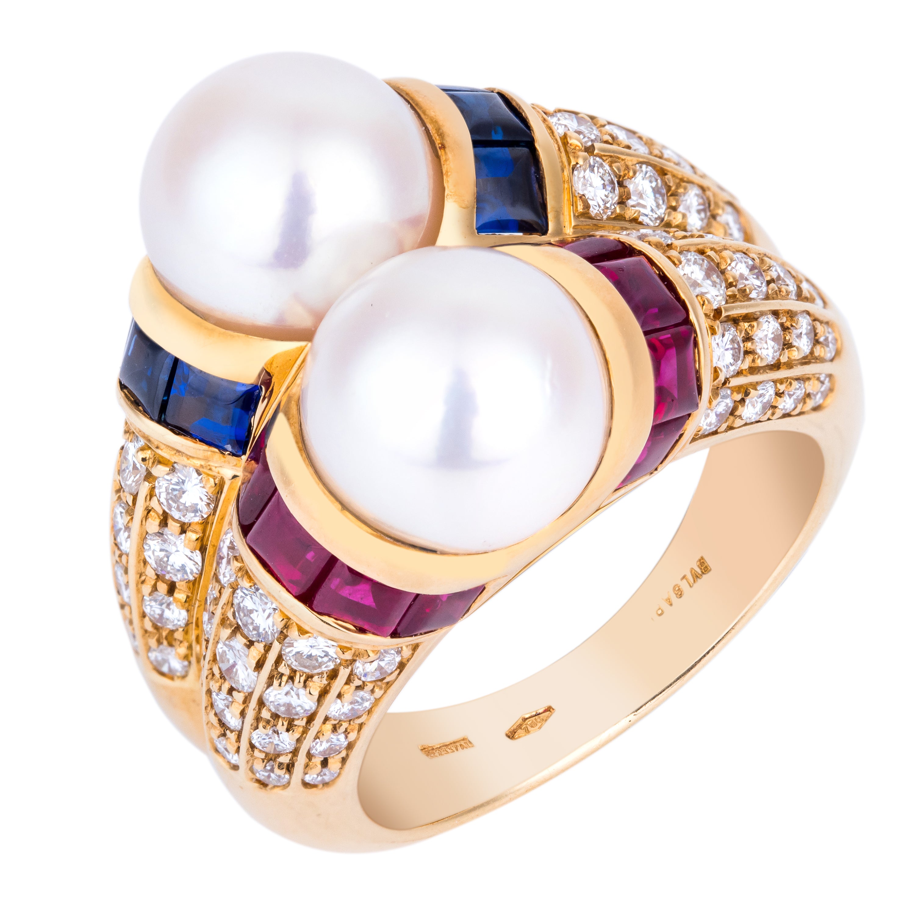 Bvlgari Doppio Cocktail Ring | Pearl, Ruby, Sapphire & Diamond | 18k Yellow Gold | 1980's