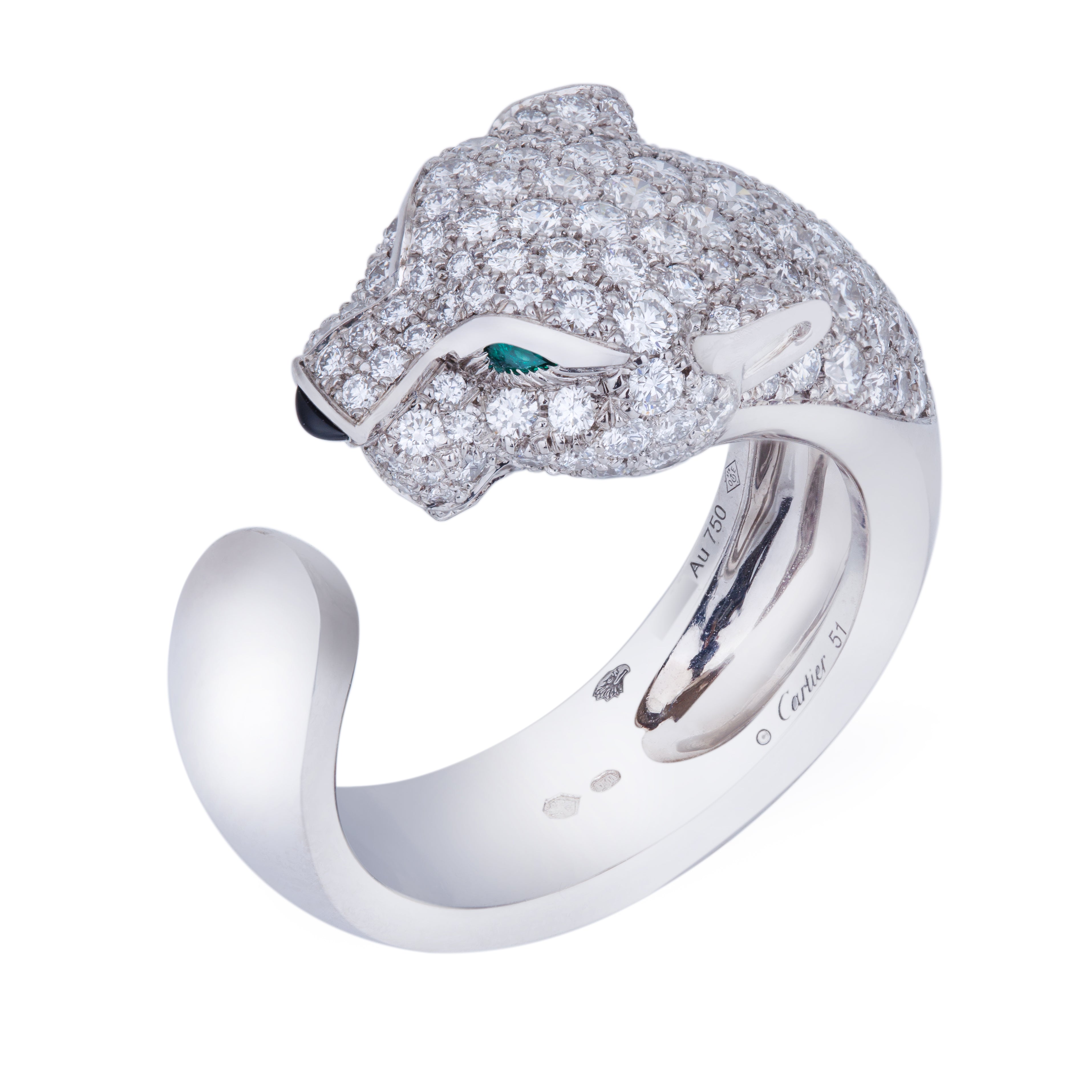 Cartier Panthère De Cartier Ring, Medium Model | Semi-Paved Diamond, Emerald & Onyx | Medium Model | 18k White Gold | Size 51 | Papers | 2020