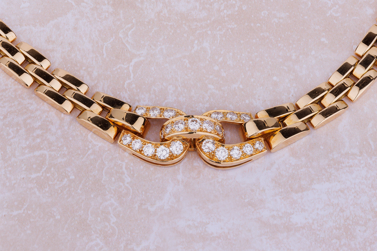 Vintage 1990's Cartier Maillon Panthère Étrier Diamond Necklace in 18k Yellow Gold