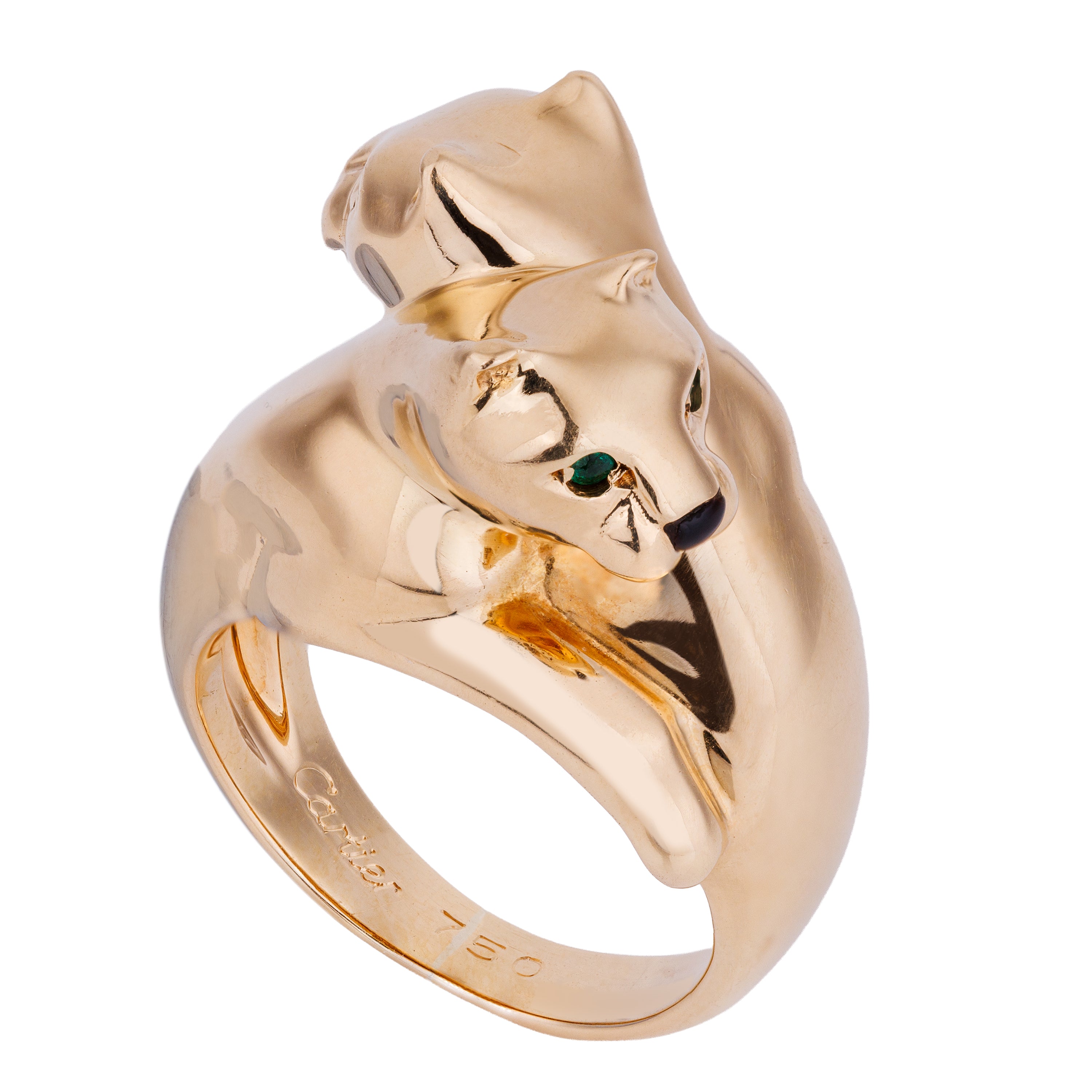 Vintage Cartier Double Panthère Ring | Emerald & Onyx | 18k Yellow Gold | 1990s