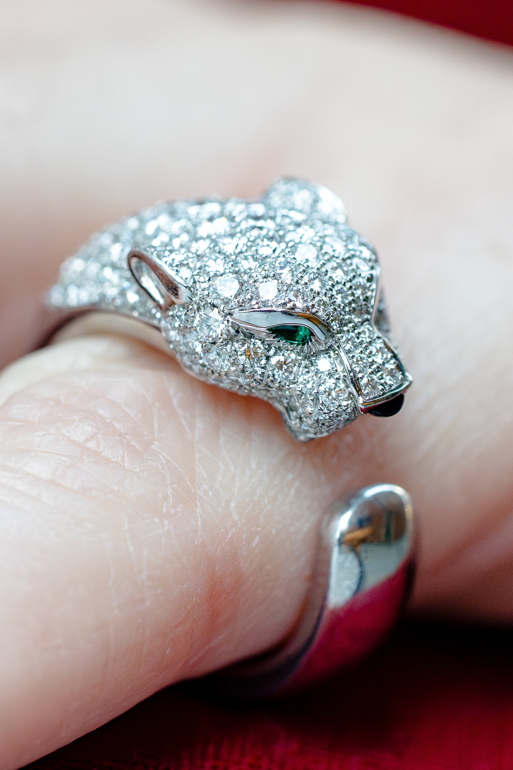 Cartier Panthère De Cartier Ring, Medium Model | Semi-Paved Diamond, Emerald & Onyx | Medium Model | 18k White Gold | Size 51 | Papers | 2020