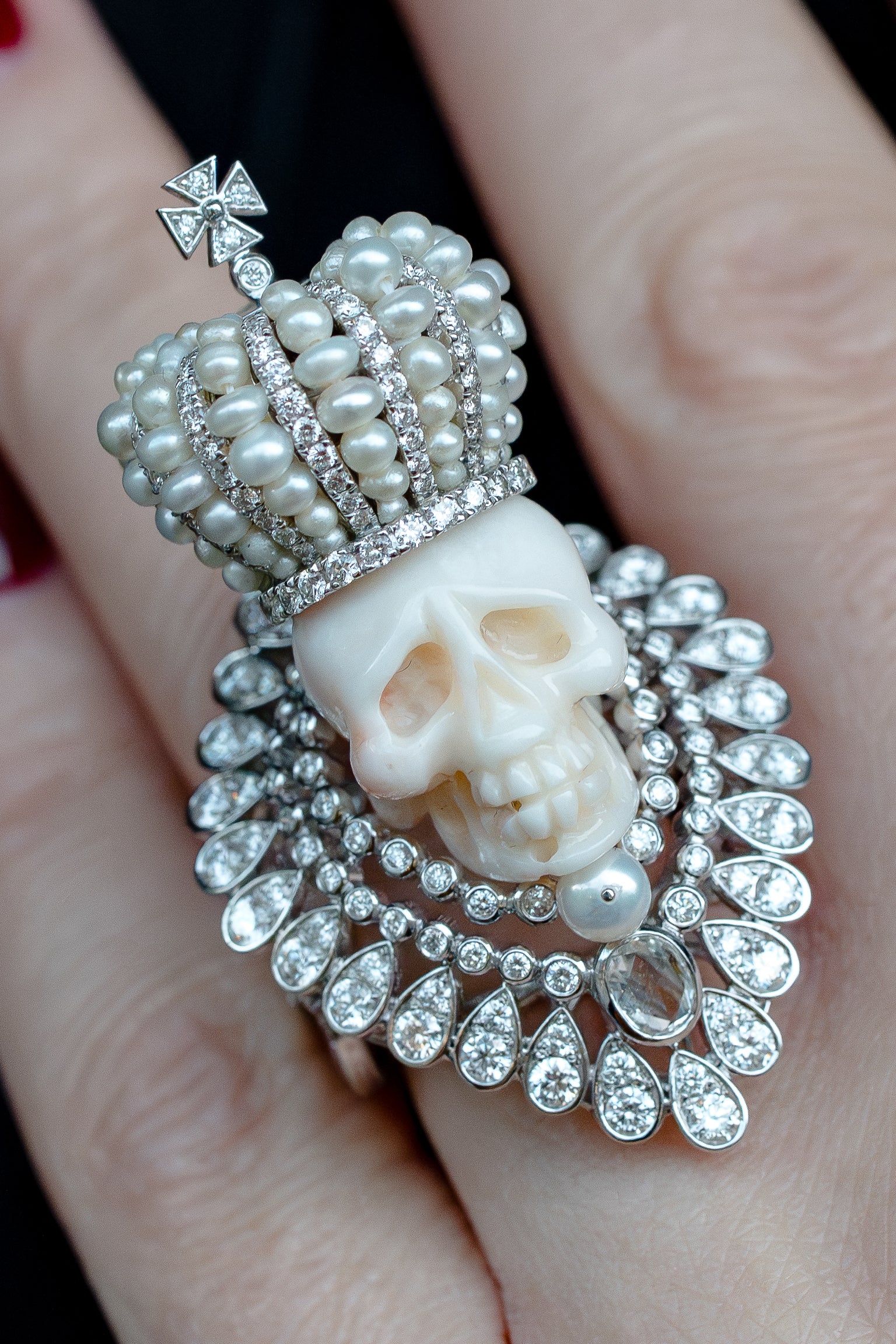 Regal Skeleton Ring with Pearls & Pavé Diamonds | 18k White Gold