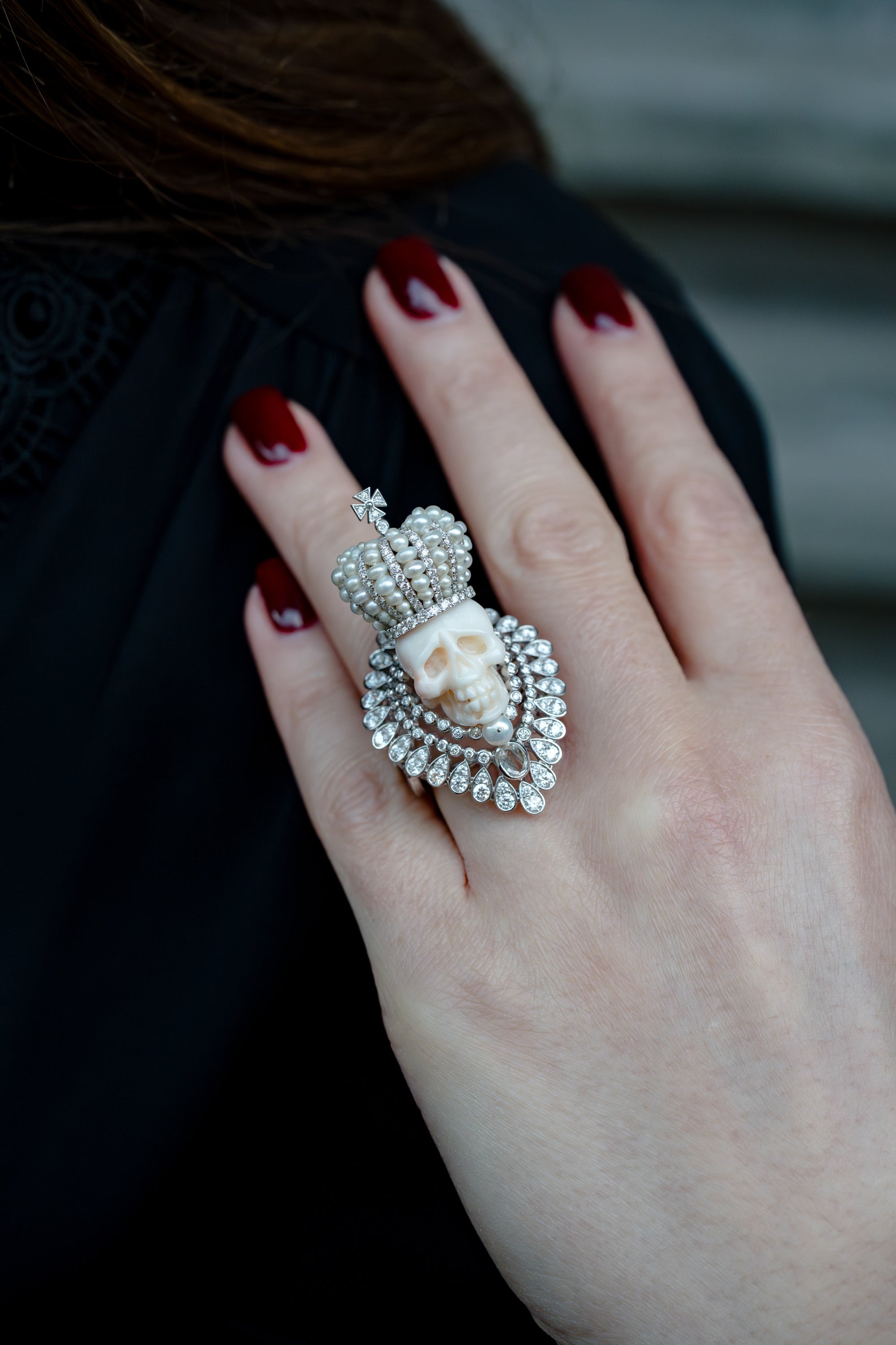 Regal Skeleton Ring with Pearls & Pavé Diamonds | 18k White Gold