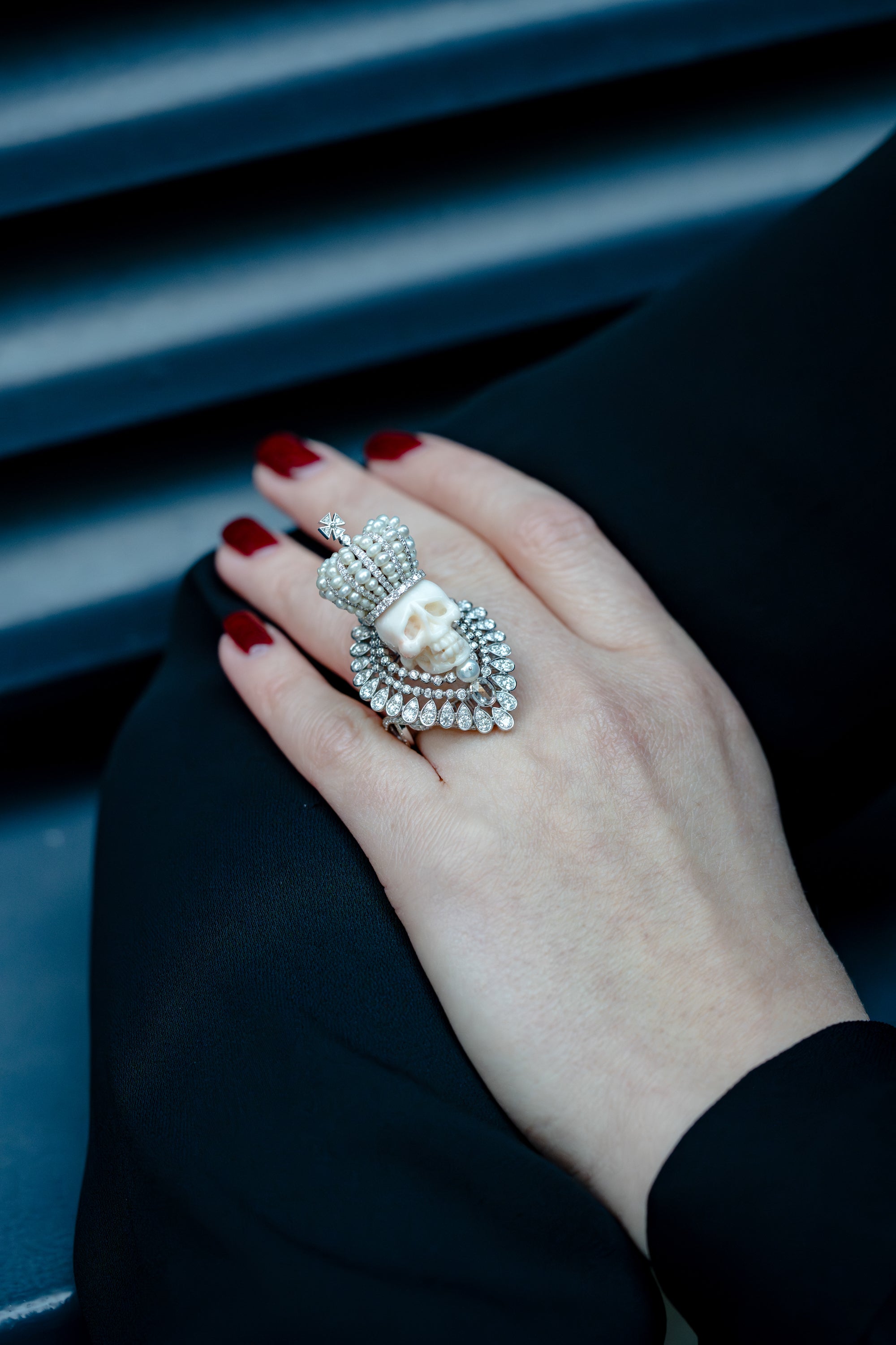 Regal Skeleton Ring with Pearls & Pavé Diamonds | 18k White Gold