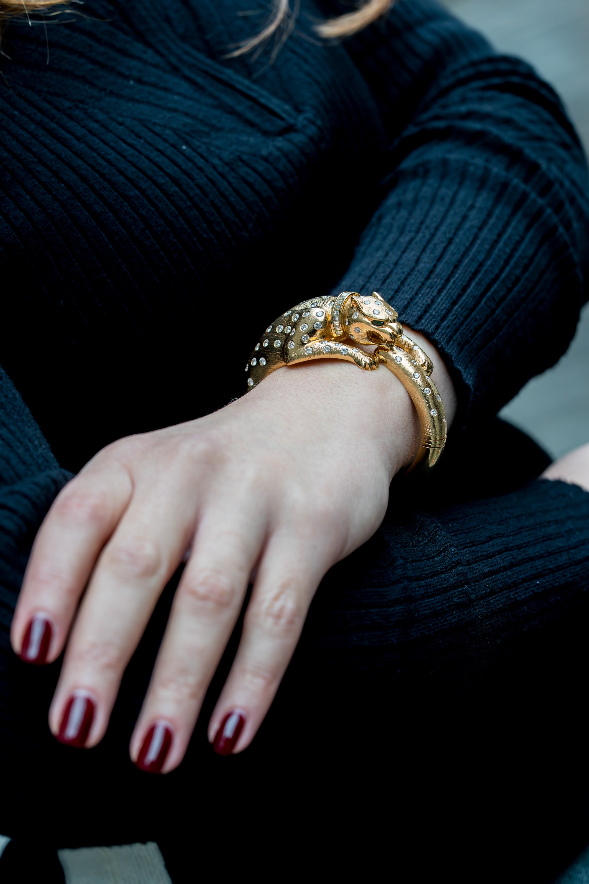 Panther Diamond & Emerald Bracelet Bangle | 18k Yellow Gold