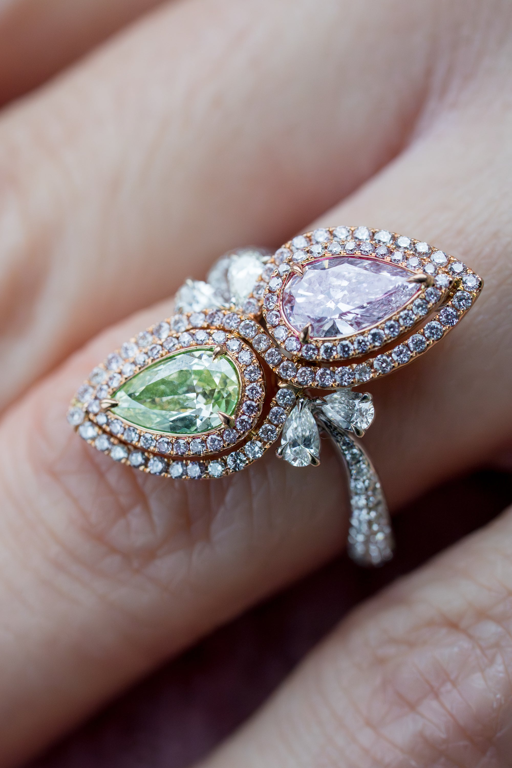 Pink & Green Pear-Shaped Diamond & Sapphire Ring | 18k White & Rose Gold
