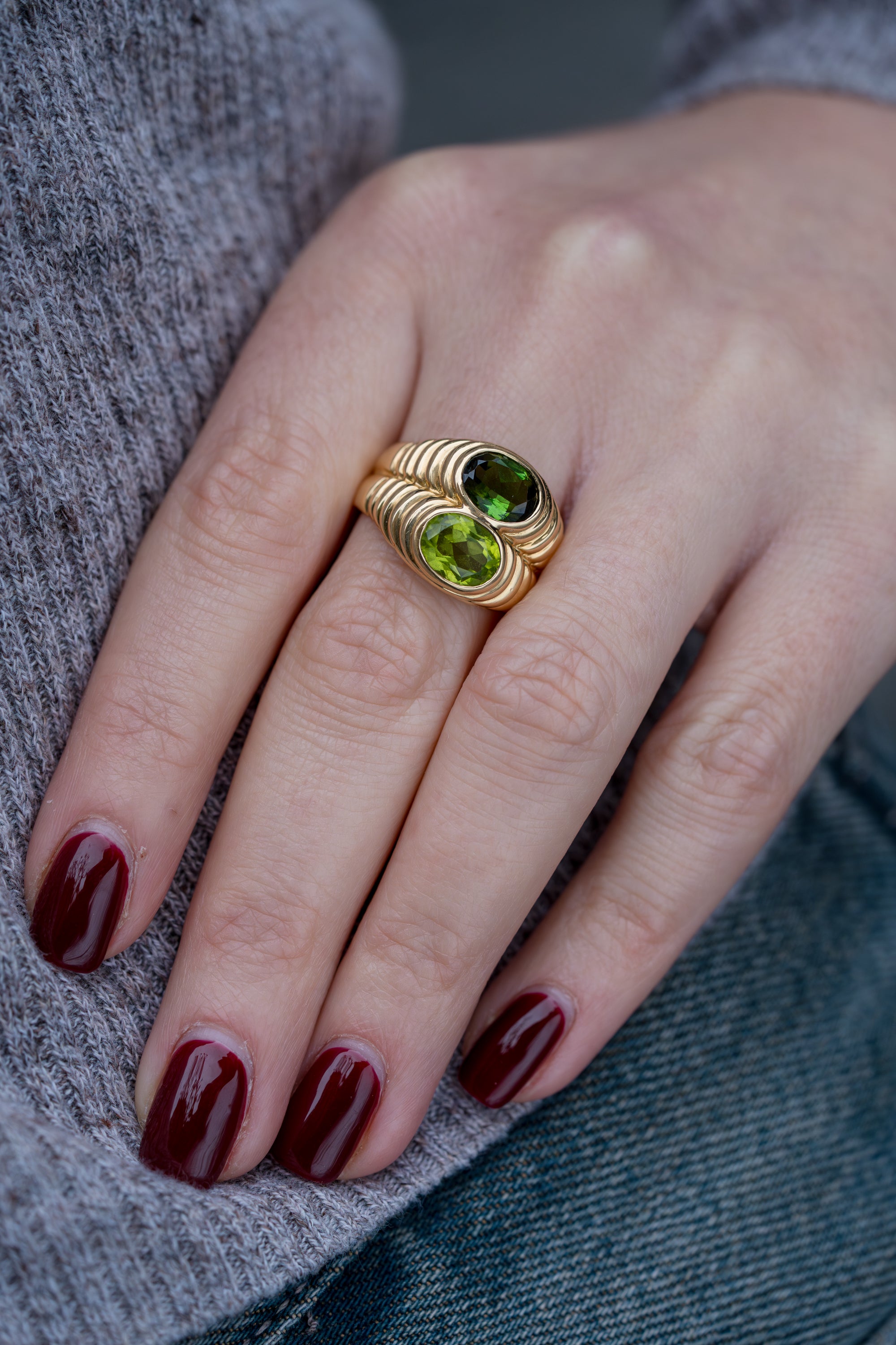 Bvlgari Doppio Baccellato Ring | Peridot & Green Tourmaline | 18k Yellow Gold | 1980's