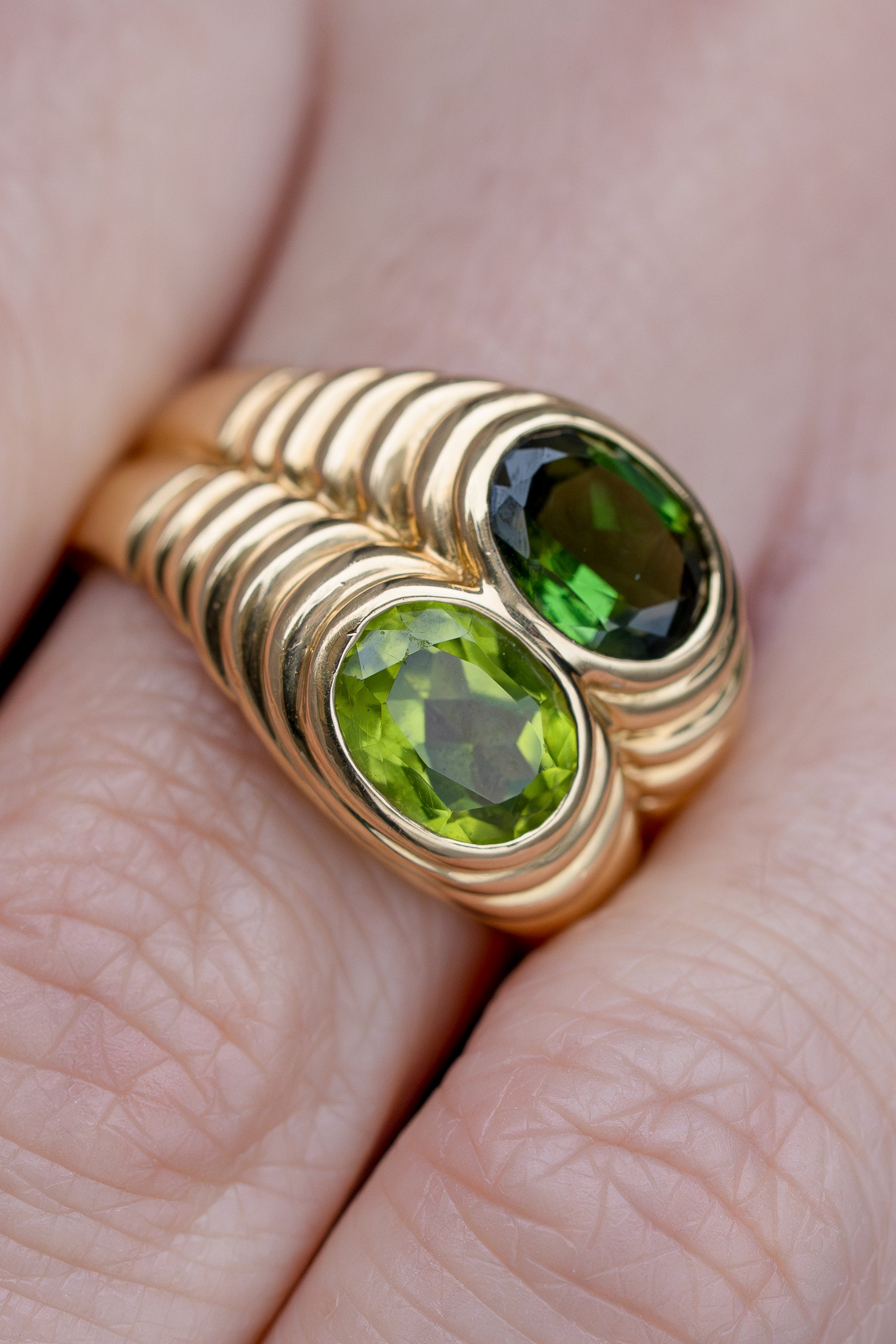 Bvlgari Doppio Baccellato Ring | Peridot & Green Tourmaline | 18k Yellow Gold | 1980's