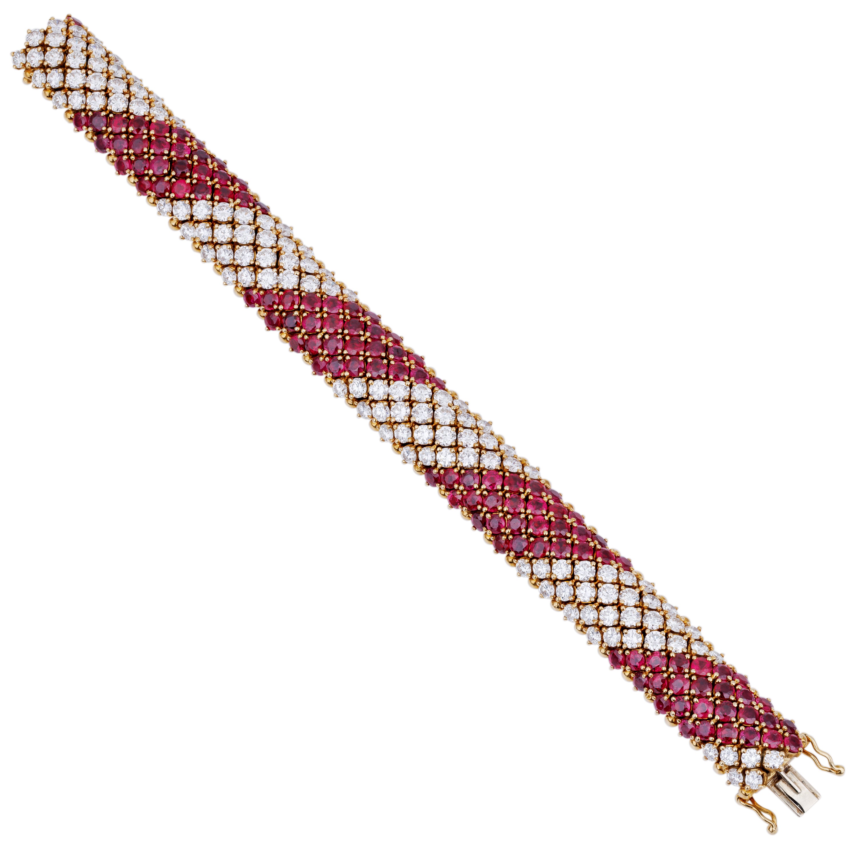 Articulated Ruby & Diamond Harlequin Lattice Bracelet | 18k Yellow Gold | Circa 1980's