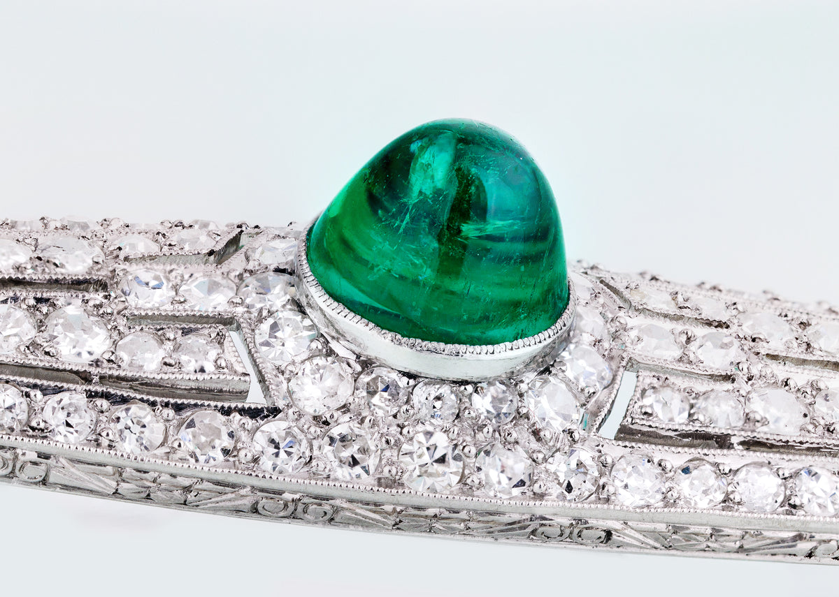 Edwardian Platinum 3ct Colombian Emerald & Diamond Bar Brooch | Circa 1910s