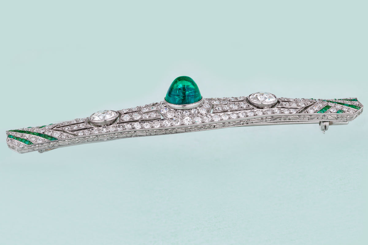 Edwardian Platinum 3ct Colombian Emerald & Diamond Bar Brooch | Circa 1910s