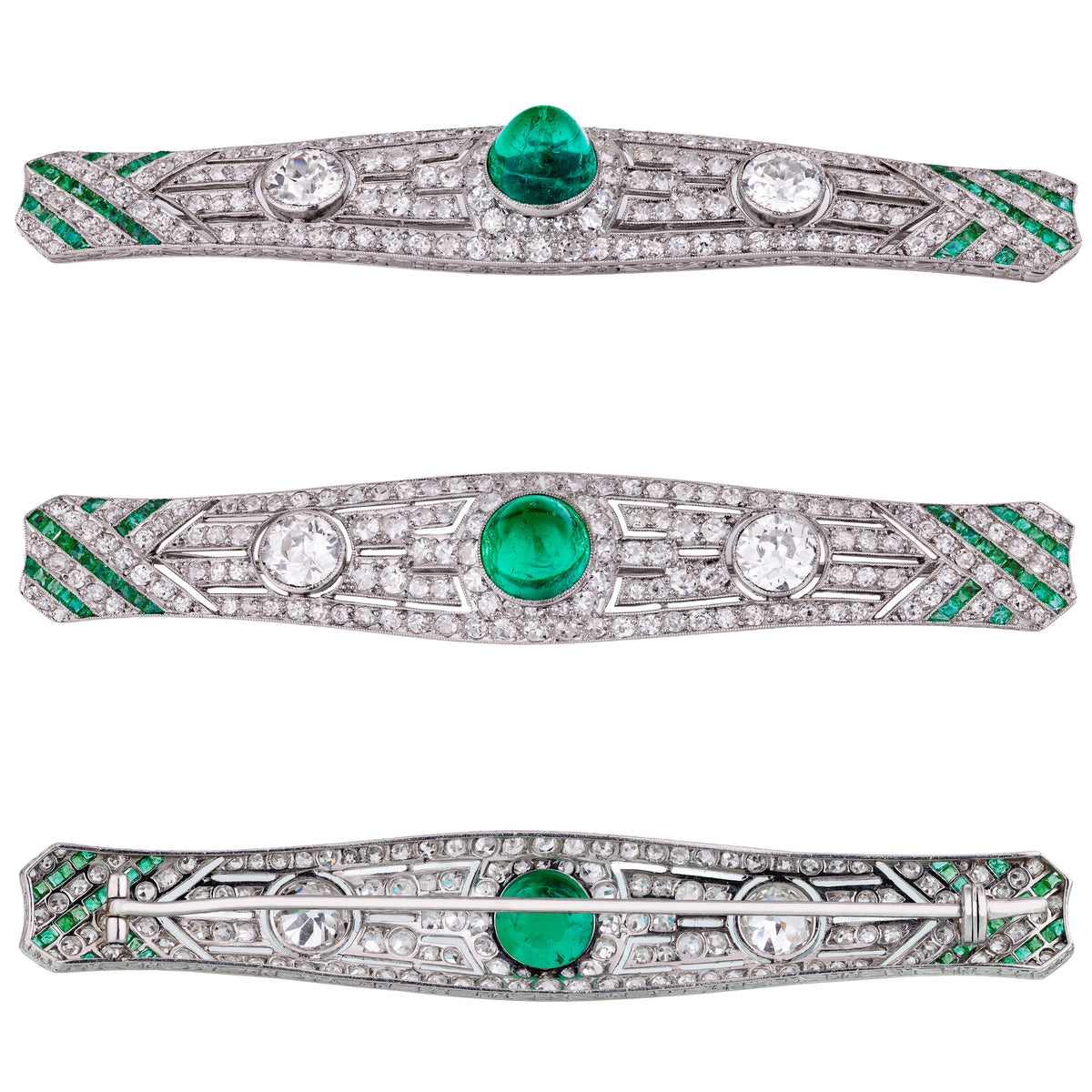 Edwardian Platinum 3ct Colombian Emerald & Diamond Bar Brooch | Circa 1910s