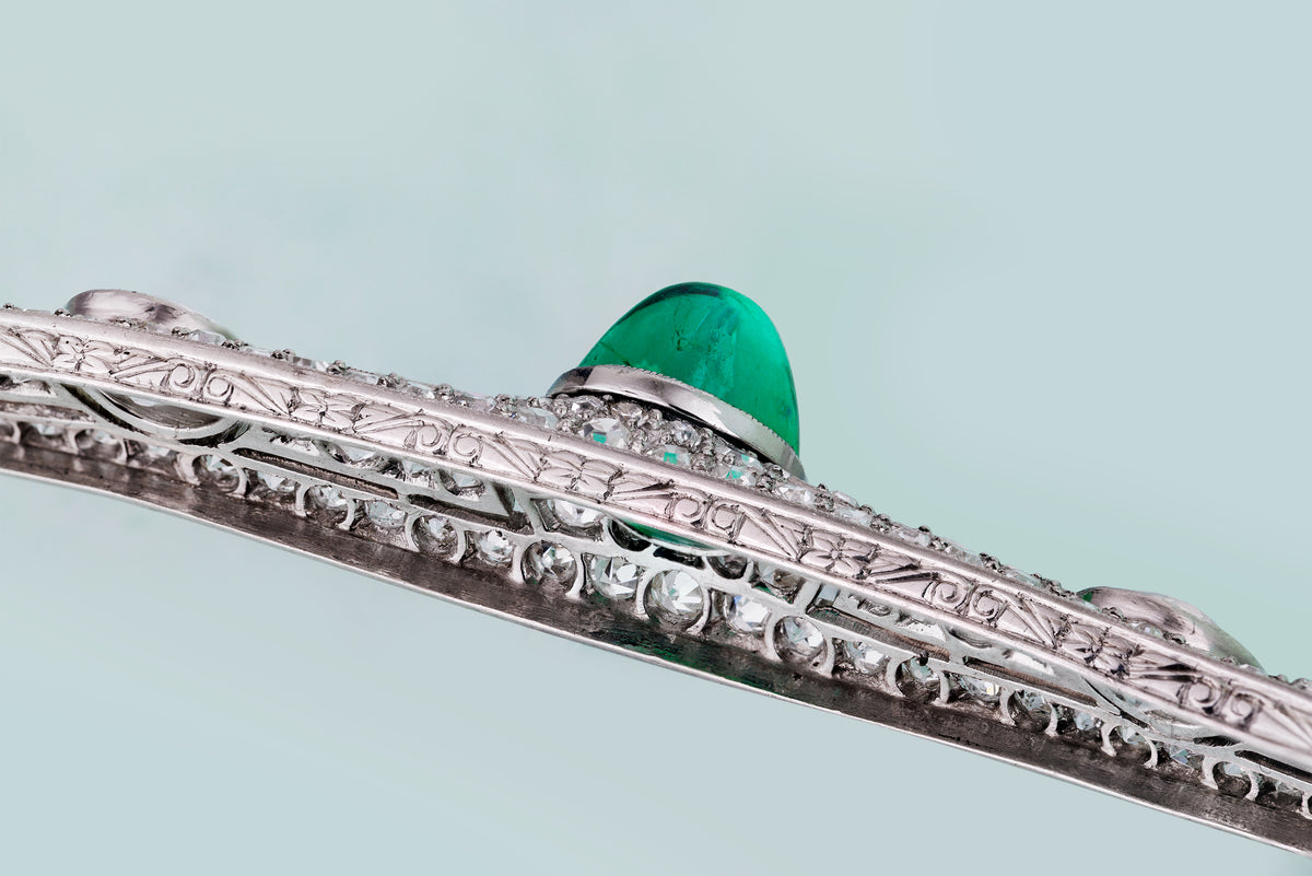 Edwardian Platinum 3ct Colombian Emerald & Diamond Bar Brooch | Circa 1910s