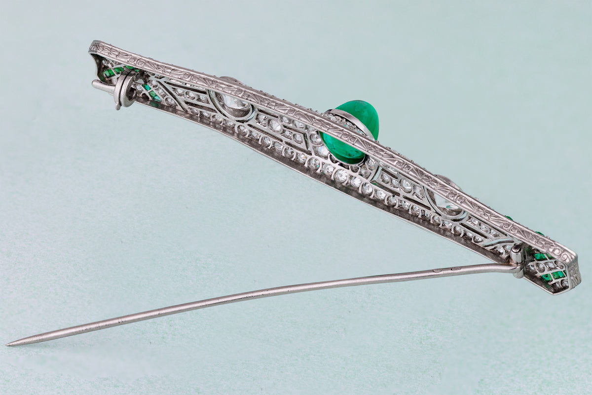 Edwardian Platinum 3ct Colombian Emerald & Diamond Bar Brooch | Circa 1910s