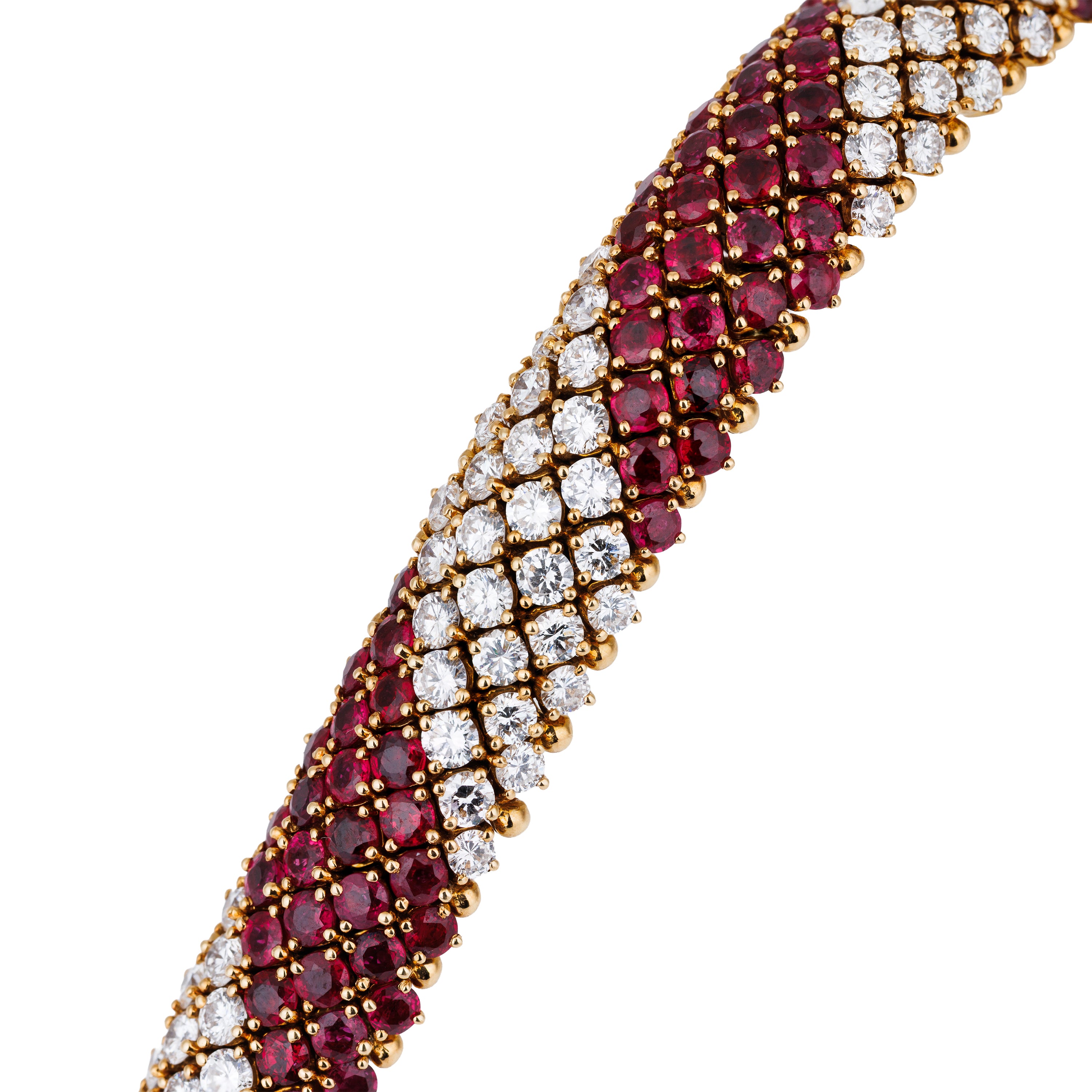 Articulated Ruby & Diamond Harlequin Lattice Bracelet | 18k Yellow Gold | Circa 1980's