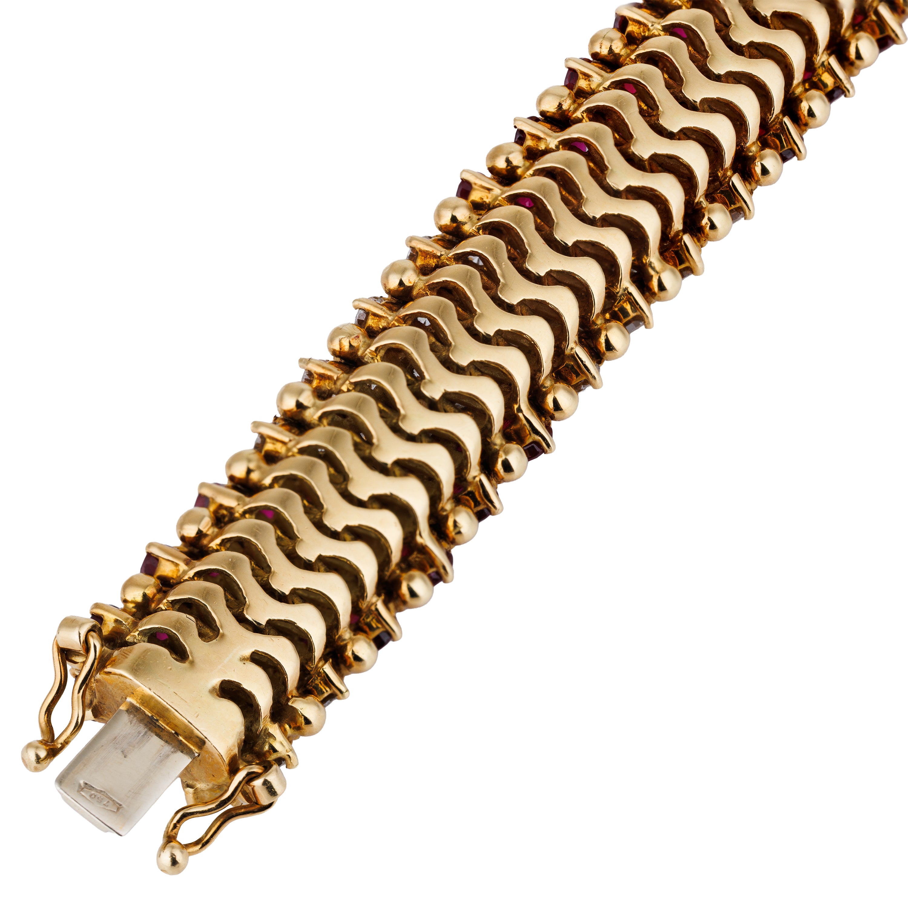 Articulated Ruby & Diamond Harlequin Lattice Bracelet | 18k Yellow Gold | Circa 1980's