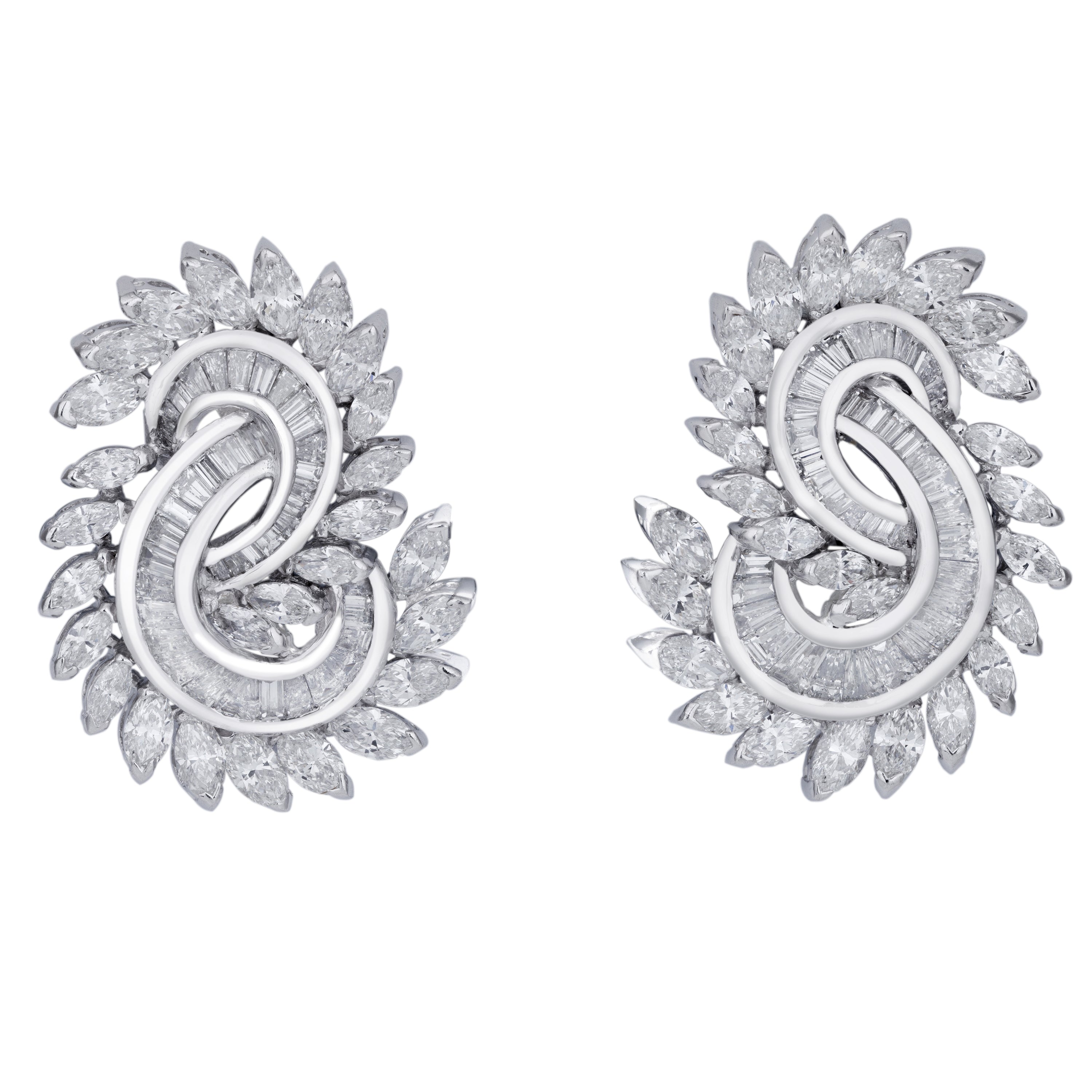 Marquise and Tapered Baguette Cut Diamond Swirl Earrings | Platinum