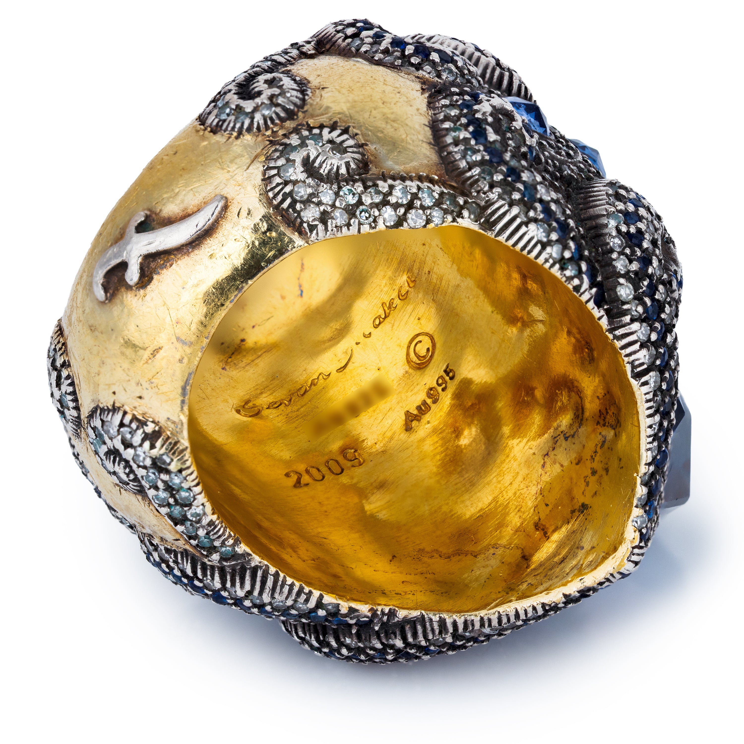 Sevan Bıçakçı Dolphin Ring | Blue Sapphire & Pavé Diamonds | Silver & 24k Yellow Gold | 2009