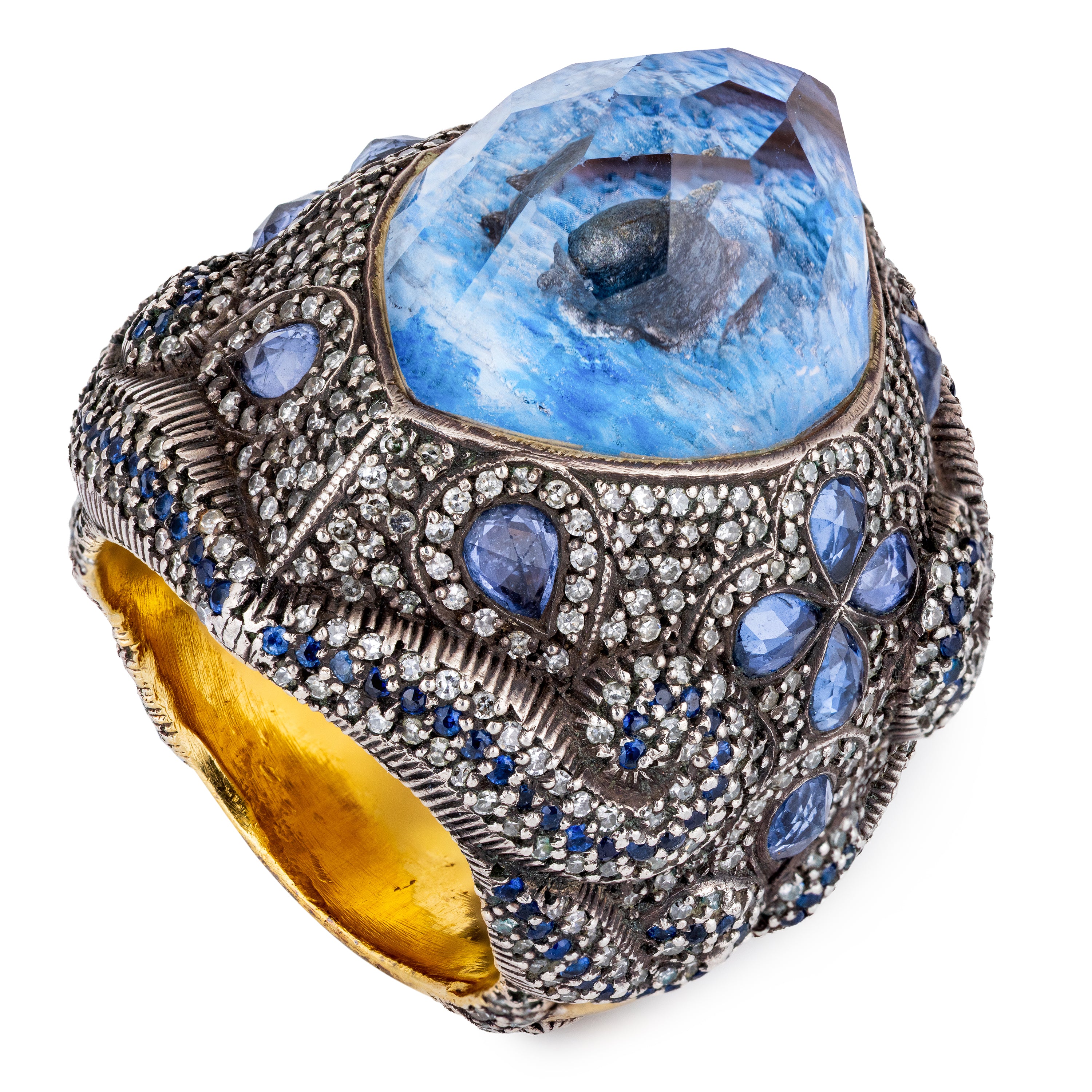 Sevan Bıçakçı Dolphin Ring | Blue Sapphire & Pavé Diamonds | Silver & 24k Yellow Gold | 2009