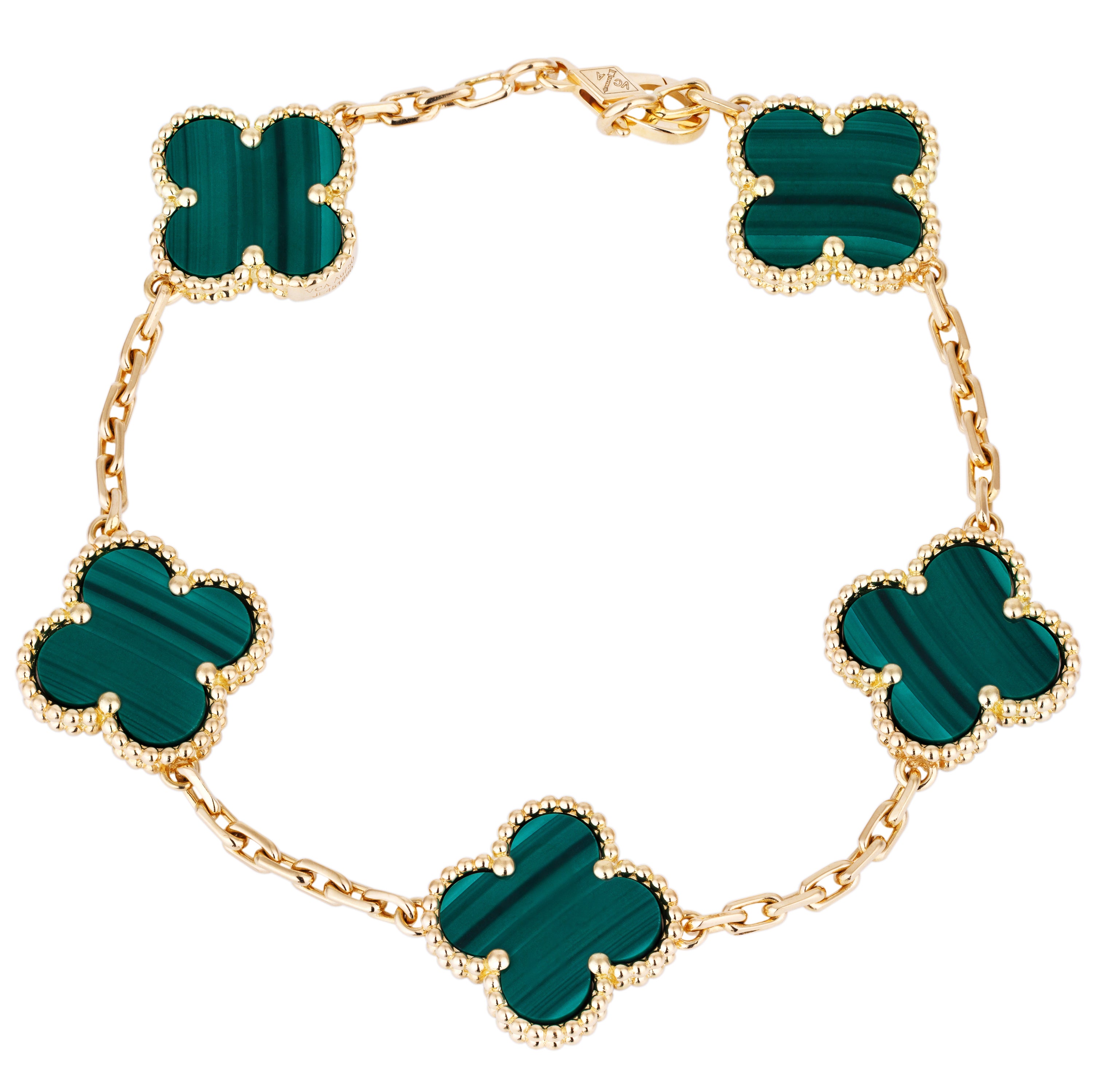Van Cleef & Arpels Vintage Alhambra Malachite 5 Motif Bracelet | 18k Yellow Gold