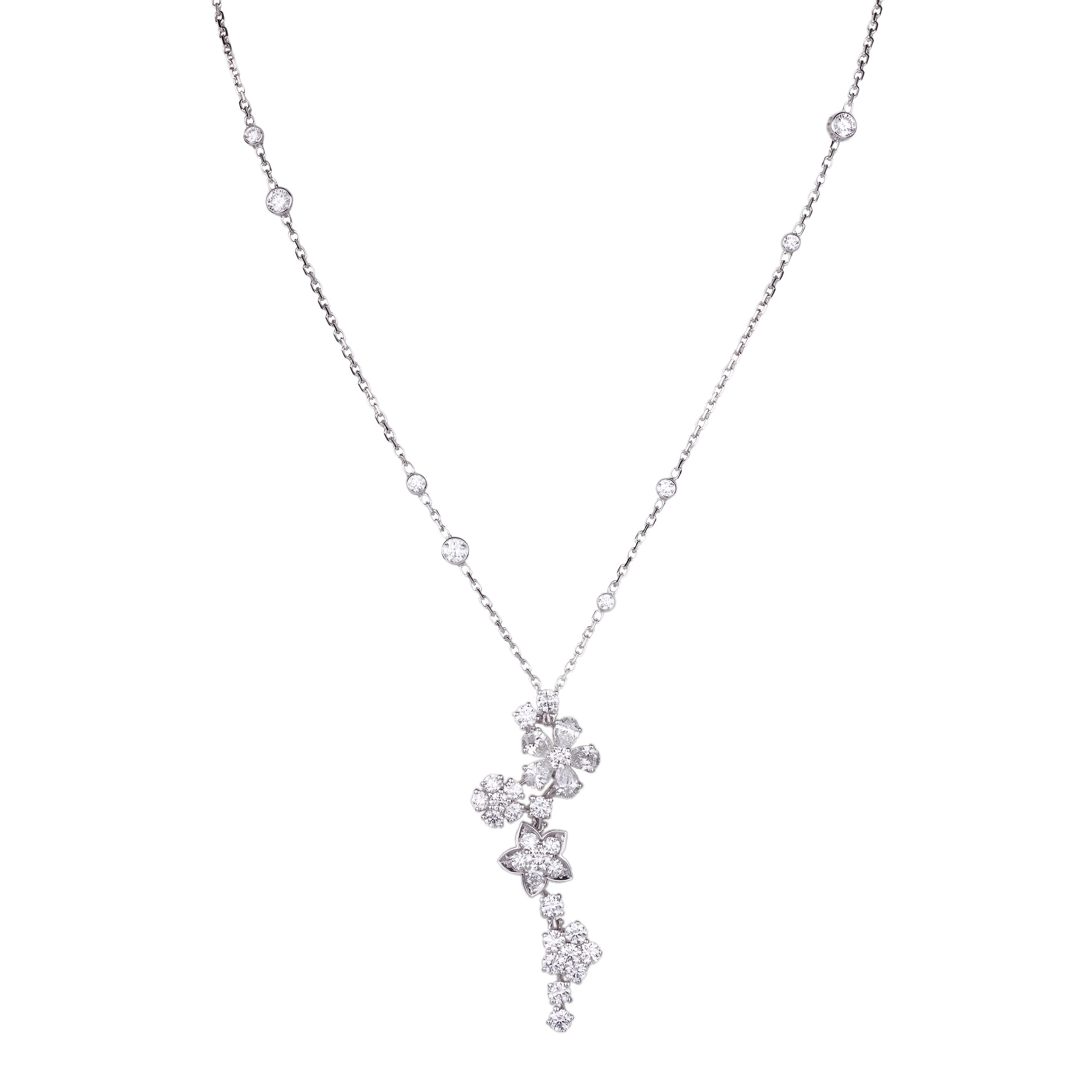 Van Cleef & Arpels 'Foile des Prés' Pendant Necklace | REF. VCARP05K00 | Round, Pear and Marquise Diamonds | 18k White Gold | Box & Papers | 2022