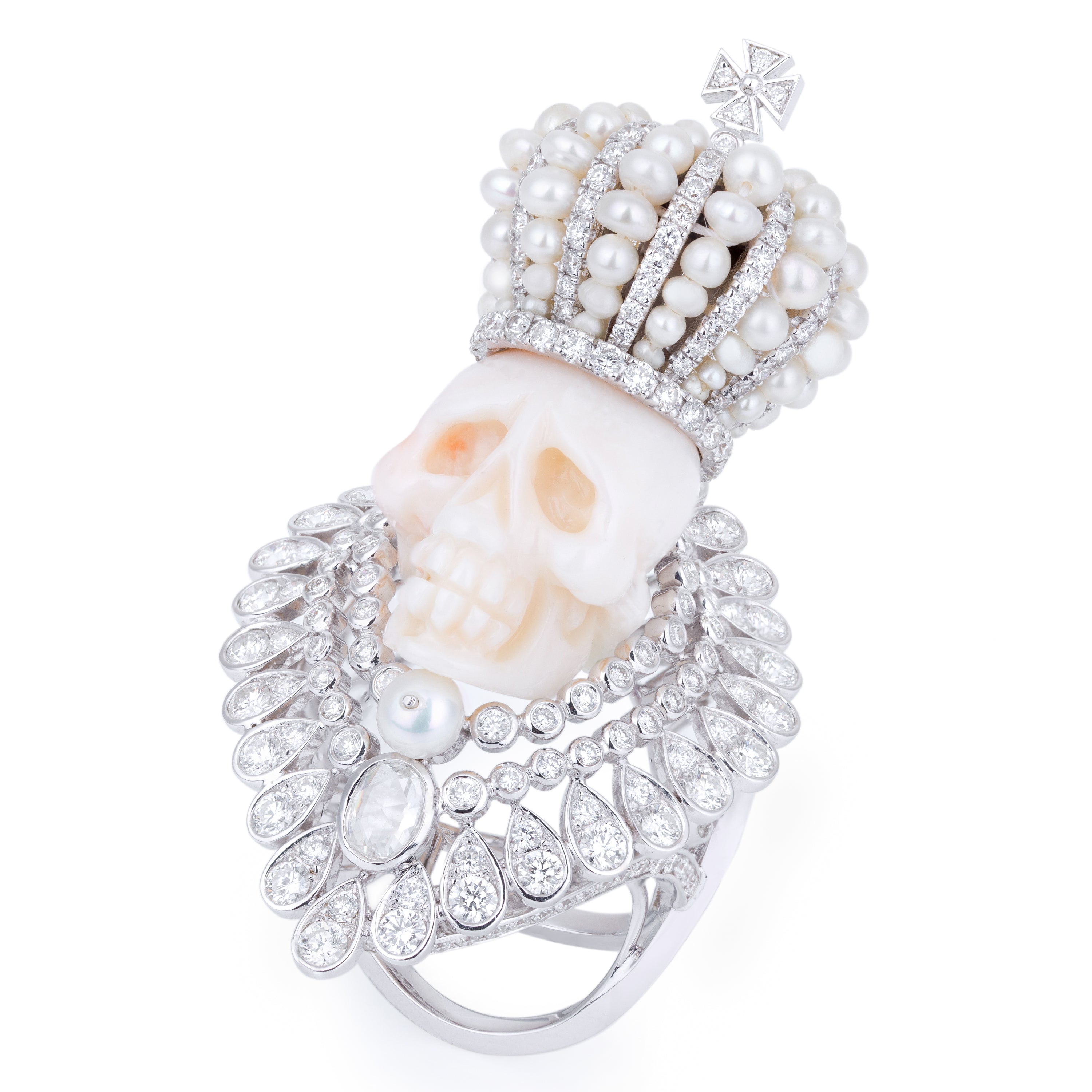 Regal Skeleton Ring with Pearls & Pavé Diamonds | 18k White Gold