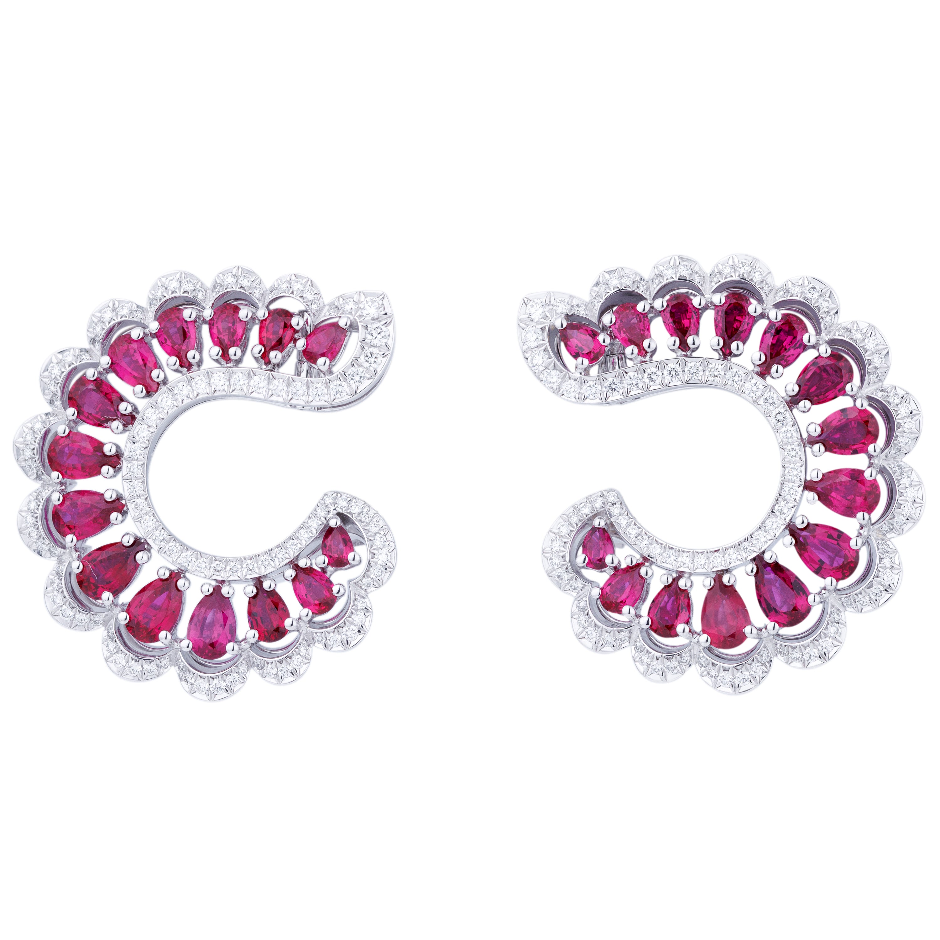 Chopard Precious Lace Vague | Pear-Shaped Ruby & Diamond Earrings | 18k White Gold