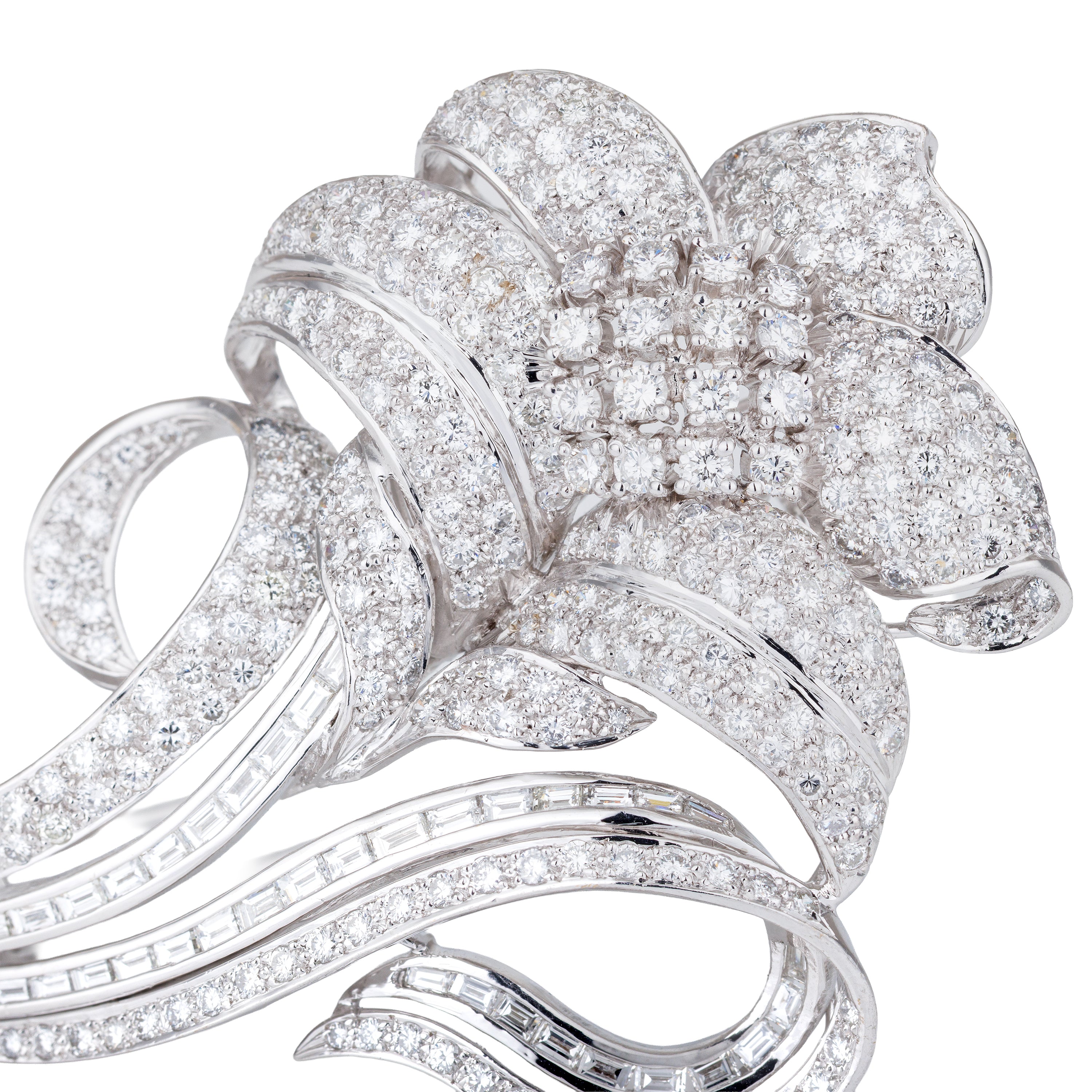 Pavé and Baguette Diamond Floral Brooch | 18k White Gold