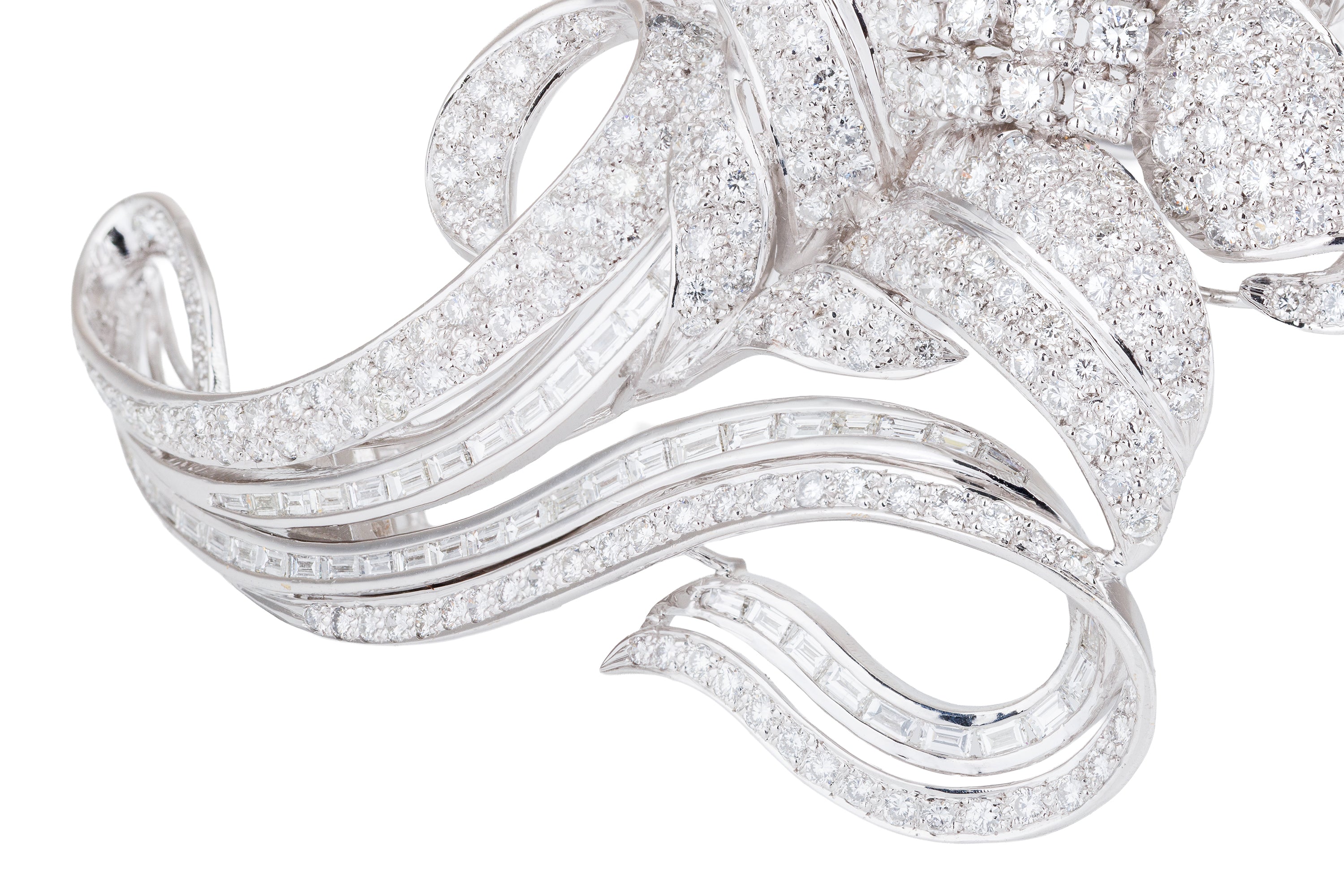Pavé and Baguette Diamond Floral Brooch | 18k White Gold
