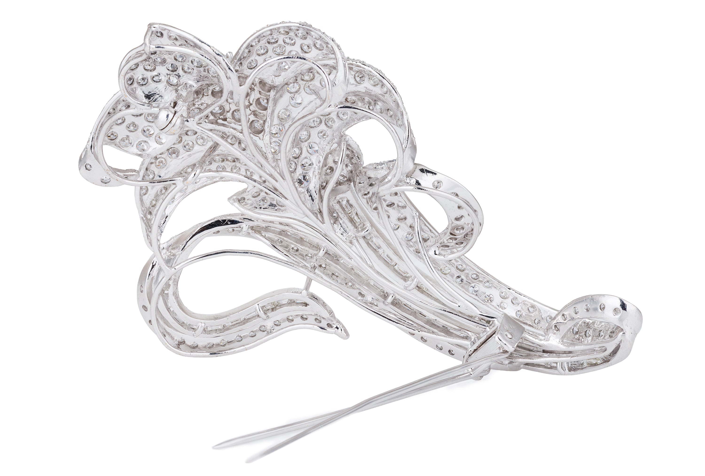 Pavé and Baguette Diamond Floral Brooch | 18k White Gold