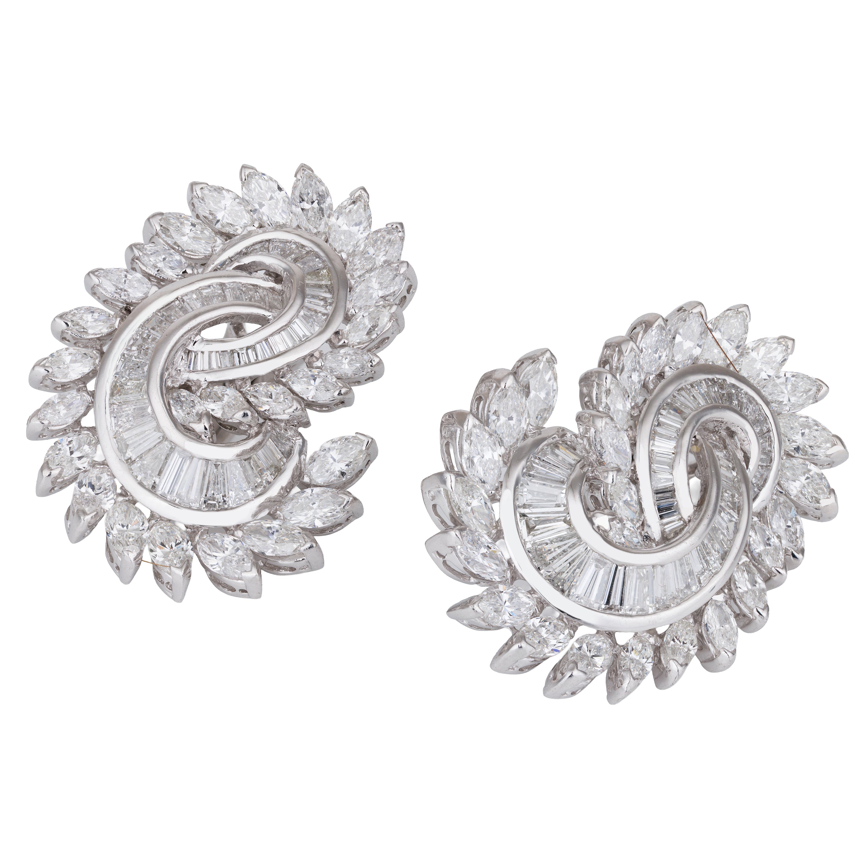 Marquise and Tapered Baguette Cut Diamond Swirl Earrings | Platinum