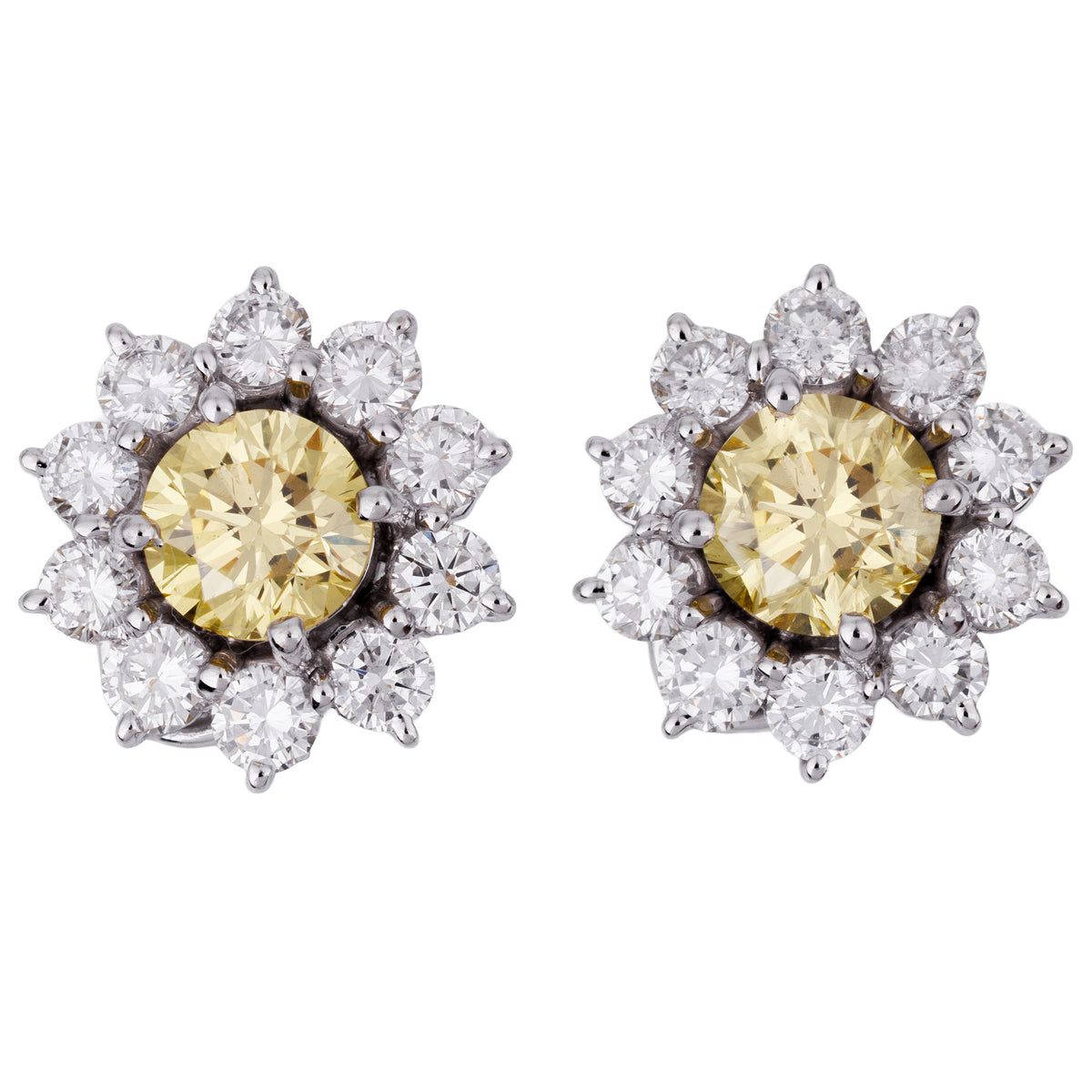 2.9 ct Yellow & White Diamond Floral Cluster Earrings | 18k White Gold
