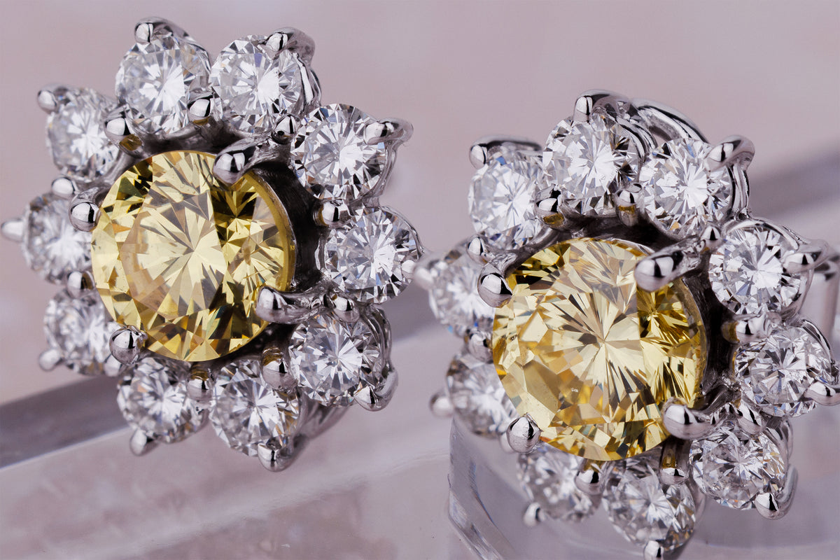 2.9 ct Yellow & White Diamond Floral Cluster Earrings | 18k White Gold