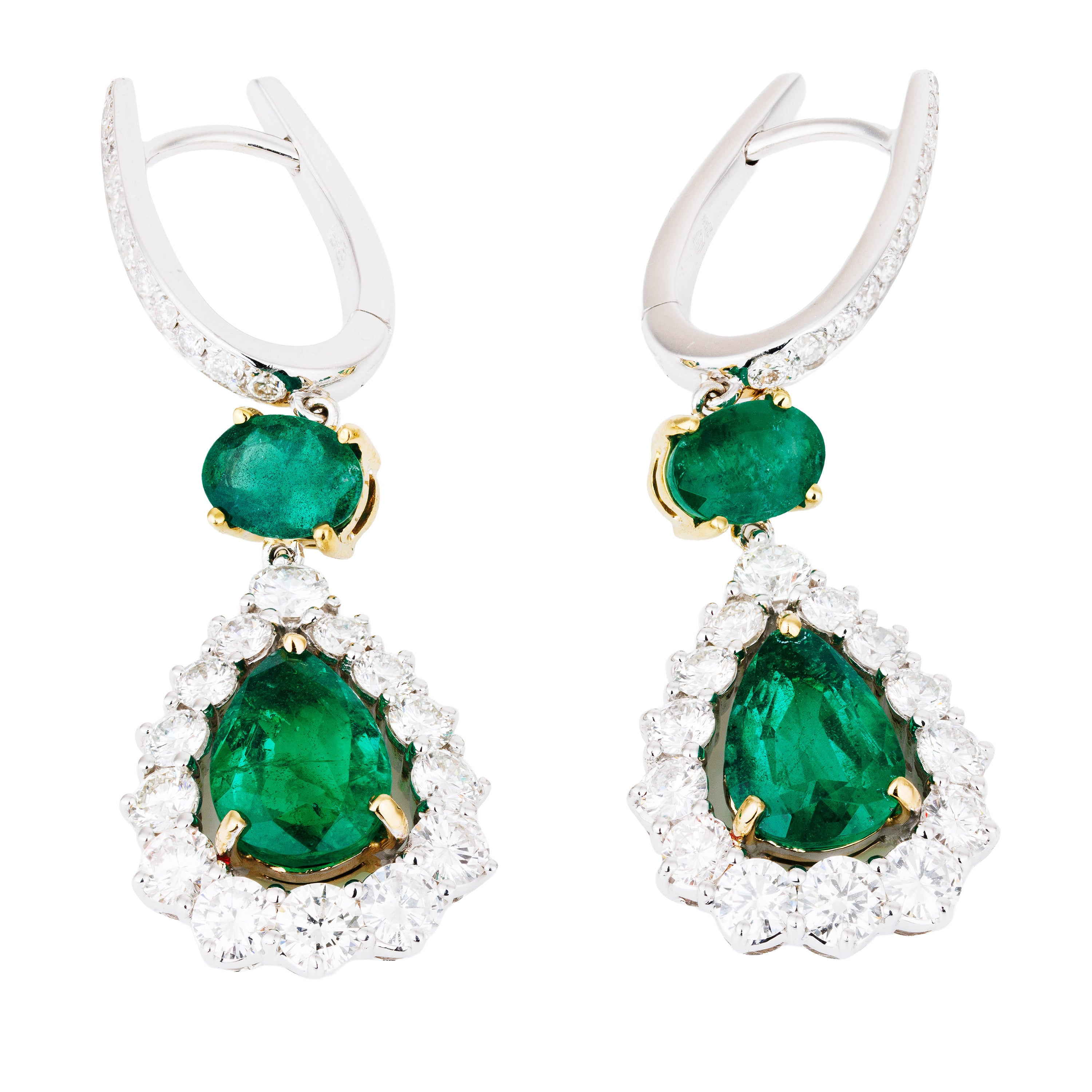 Emerald & Diamond Tear Drop Earrings | 18k White & Yellow Gold