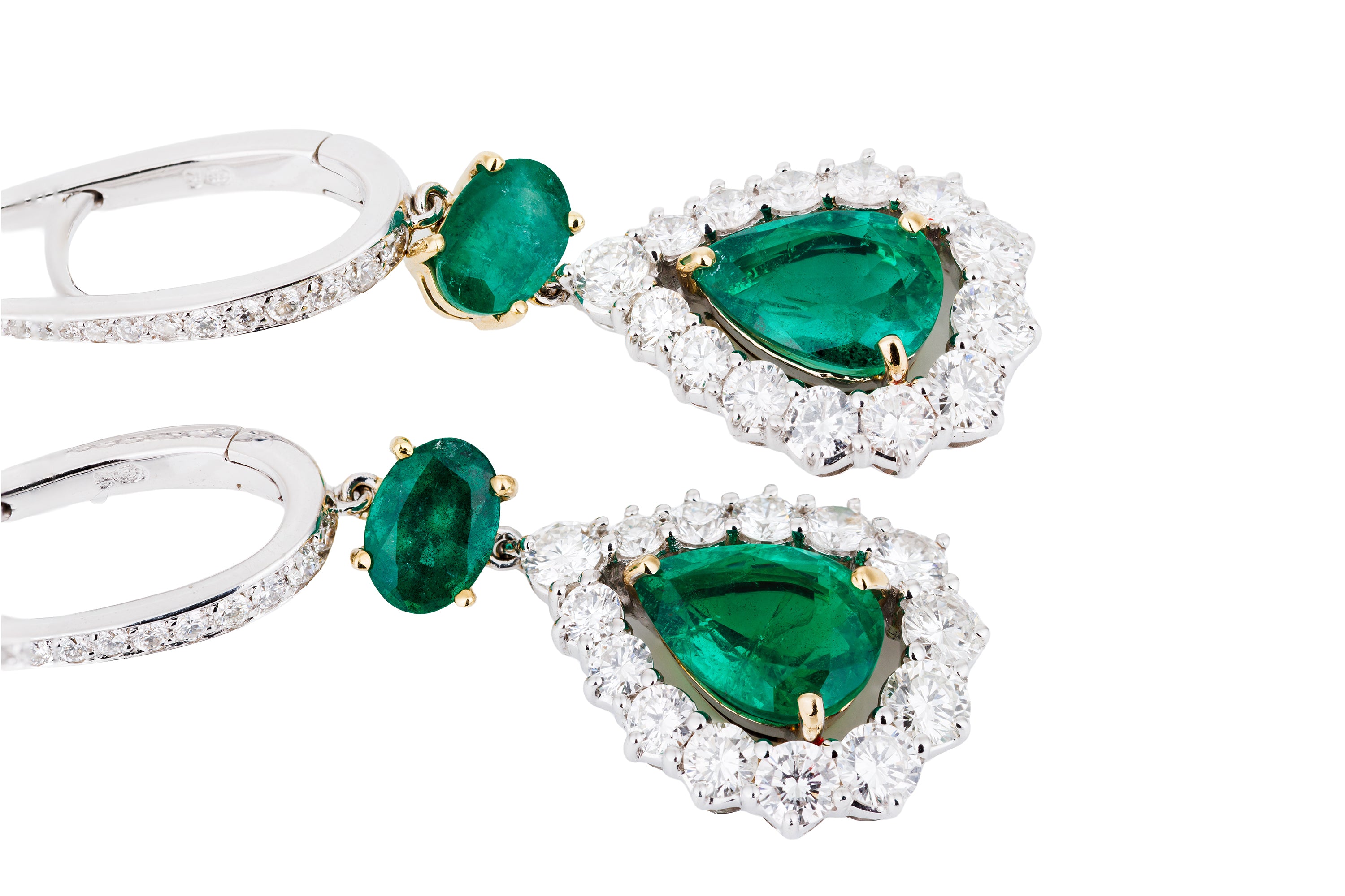 Emerald & Diamond Tear Drop Earrings | 18k White & Yellow Gold