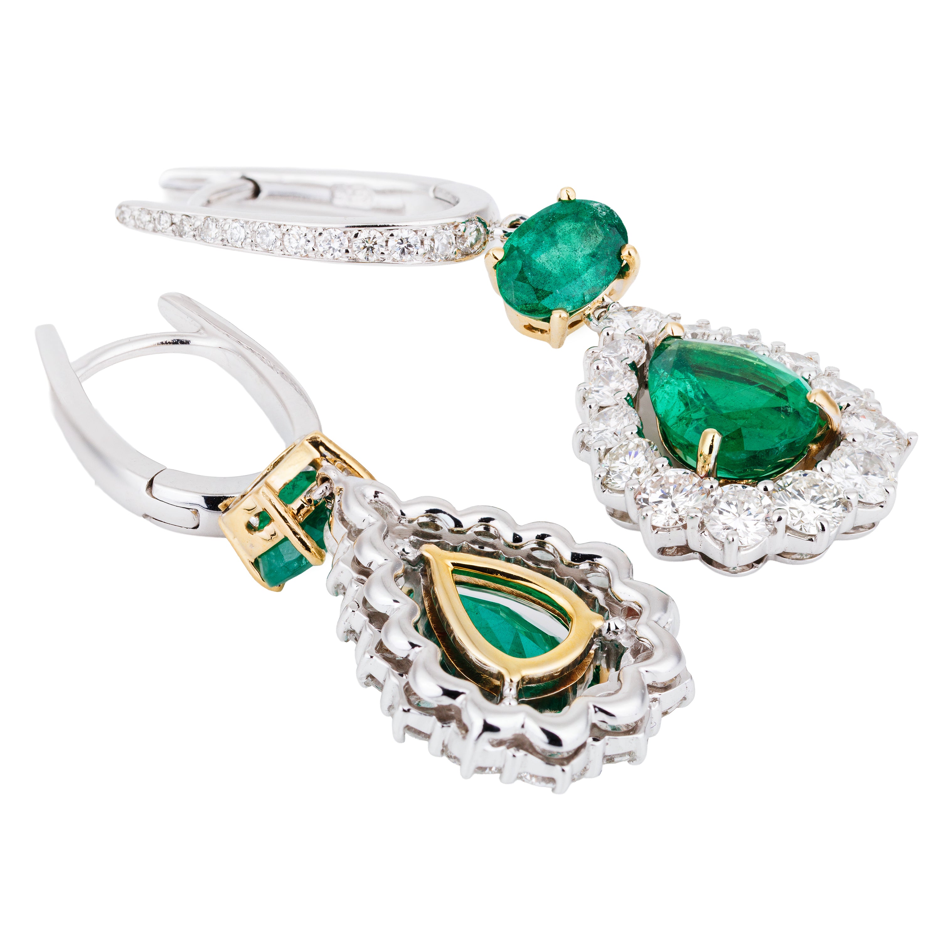 Emerald & Diamond Tear Drop Earrings | 18k White & Yellow Gold
