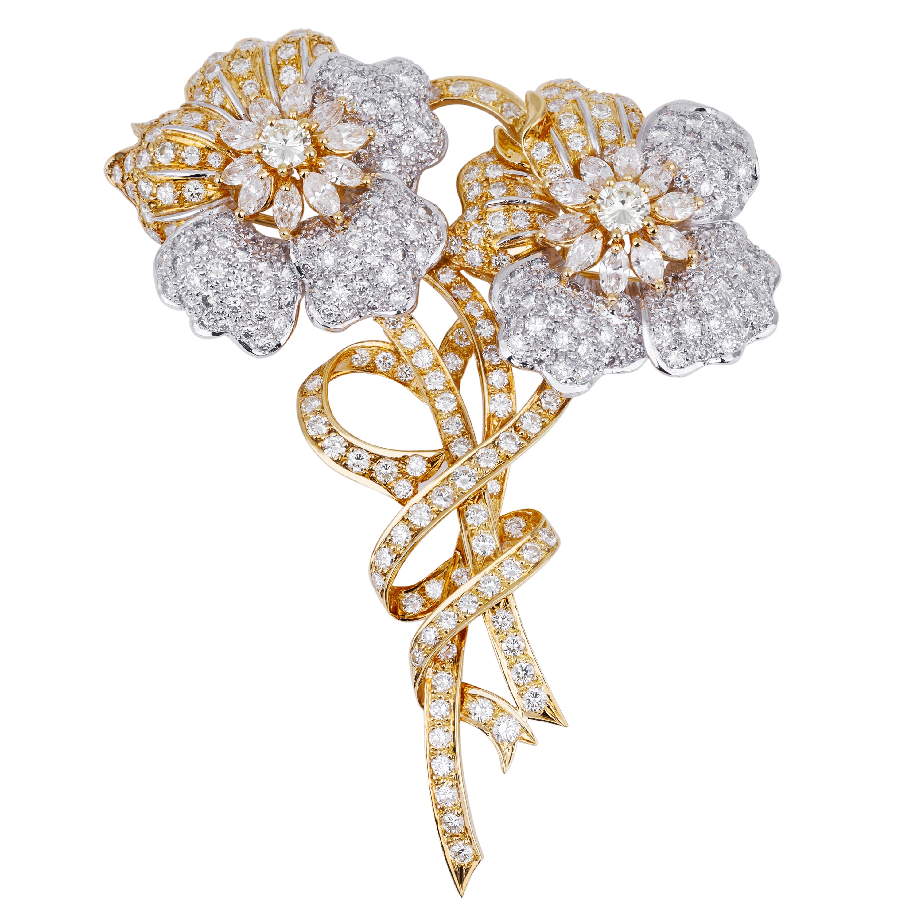 Two-Tone Daimond Floral Brooch | 18k Yellow & White Gold | Marquise & Round Diamonds