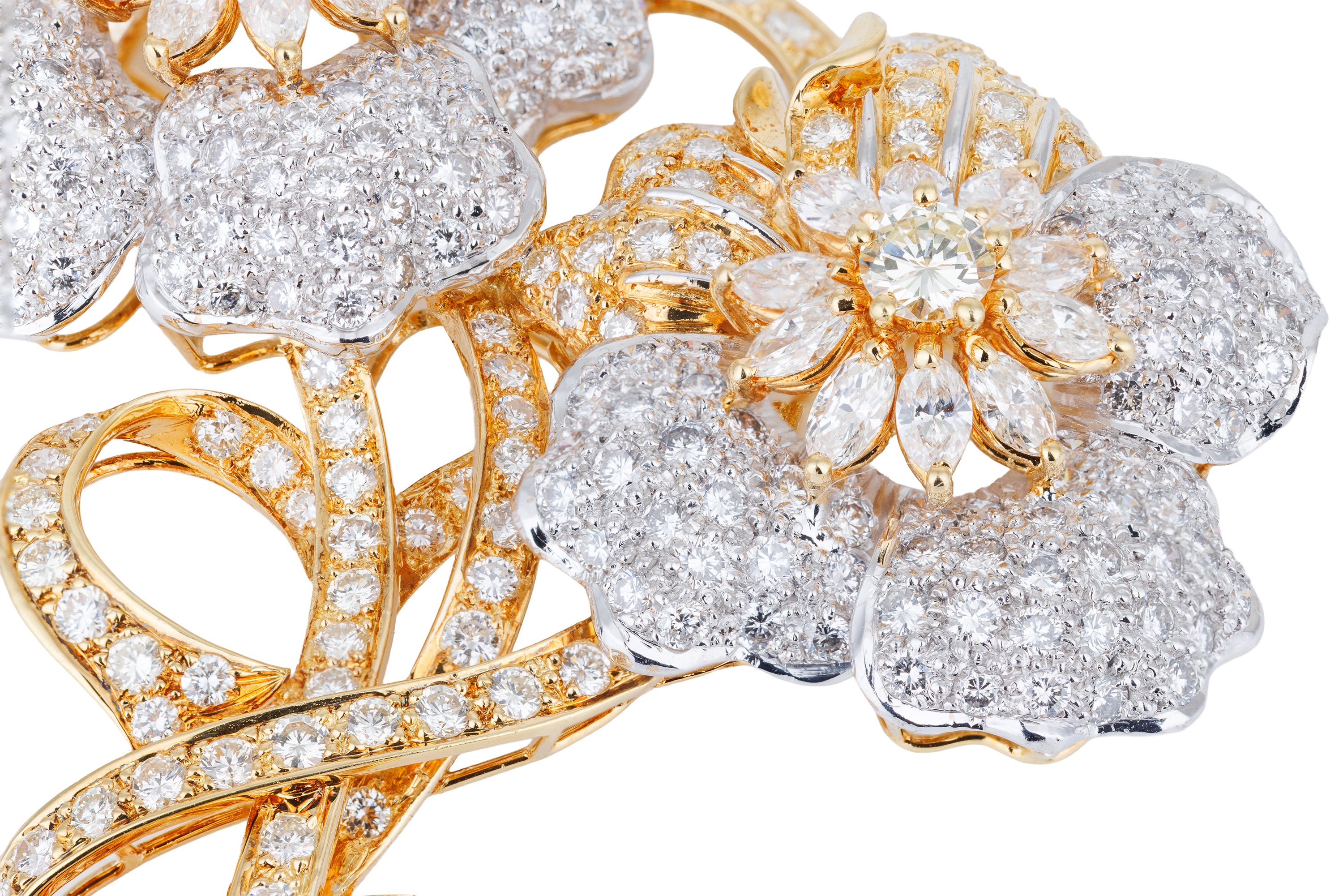 Two-Tone Daimond Floral Brooch | 18k Yellow & White Gold | Marquise & Round Diamonds