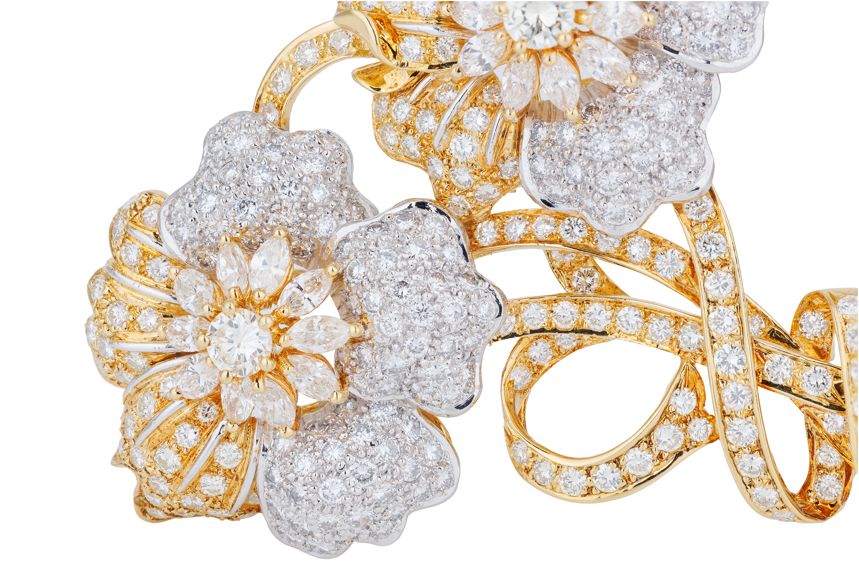 Two-Tone Daimond Floral Brooch | 18k Yellow & White Gold | Marquise & Round Diamonds